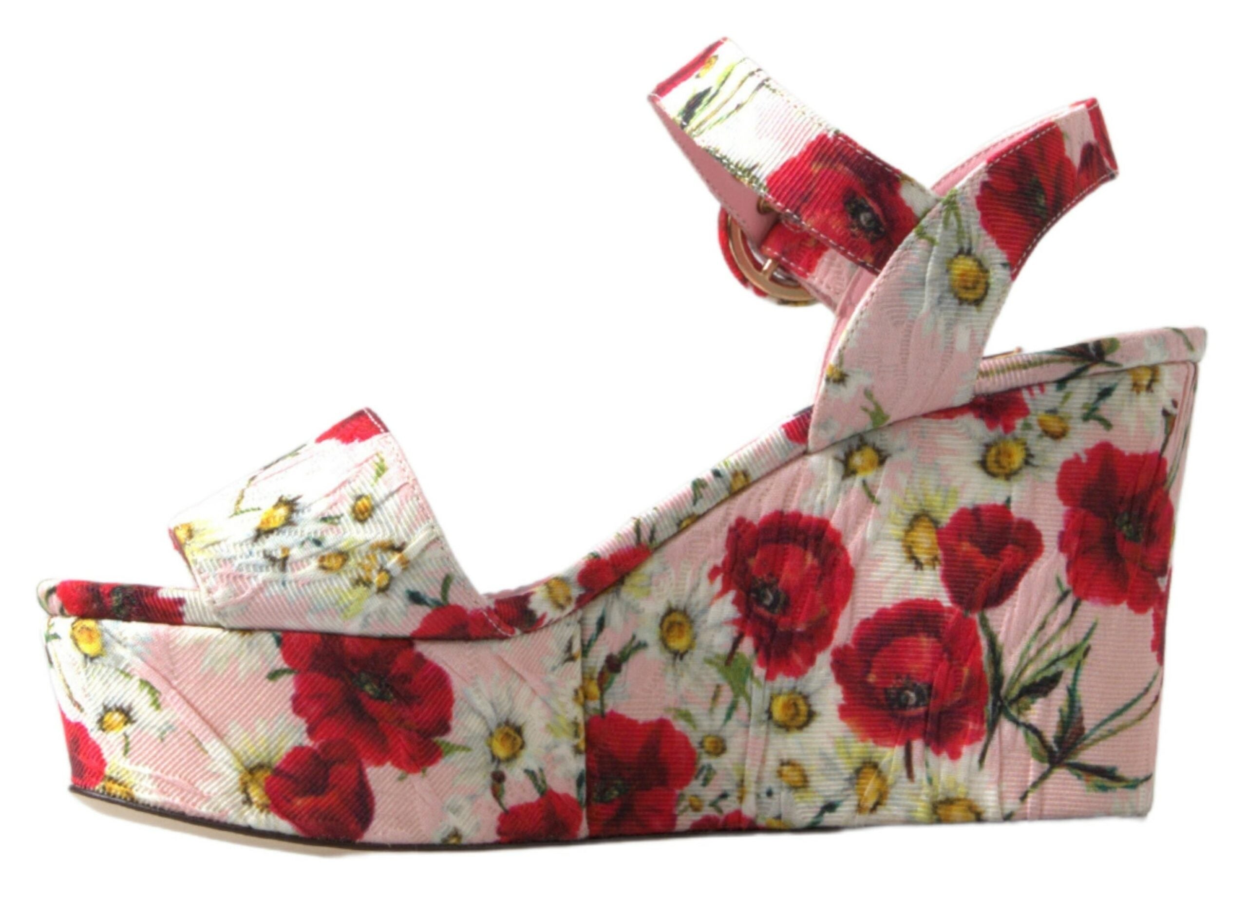 Многоцветни сандали с флорални щампи Dolce & Gabbana на клинове с флорални каишки на глезена