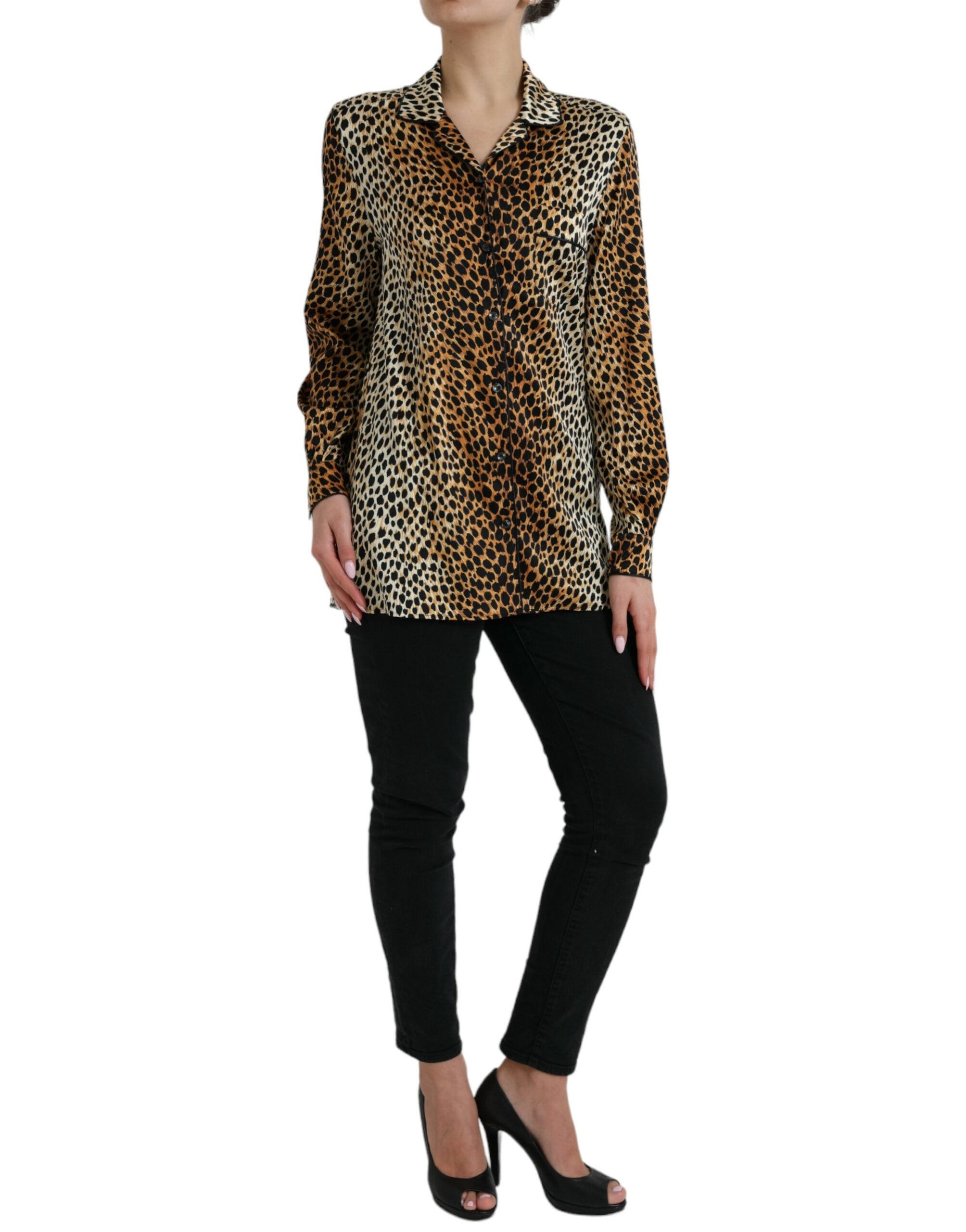 Dolce & Gabbana Elegant Brown Animal Print Silk Blouse