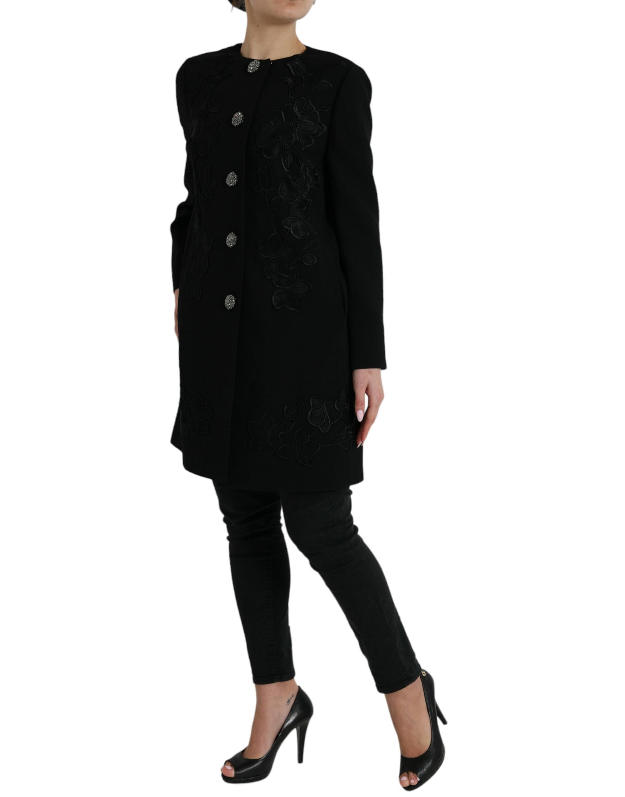 Dolce & Gabbana Elegant Floral Buttoned Wool Trench Coat