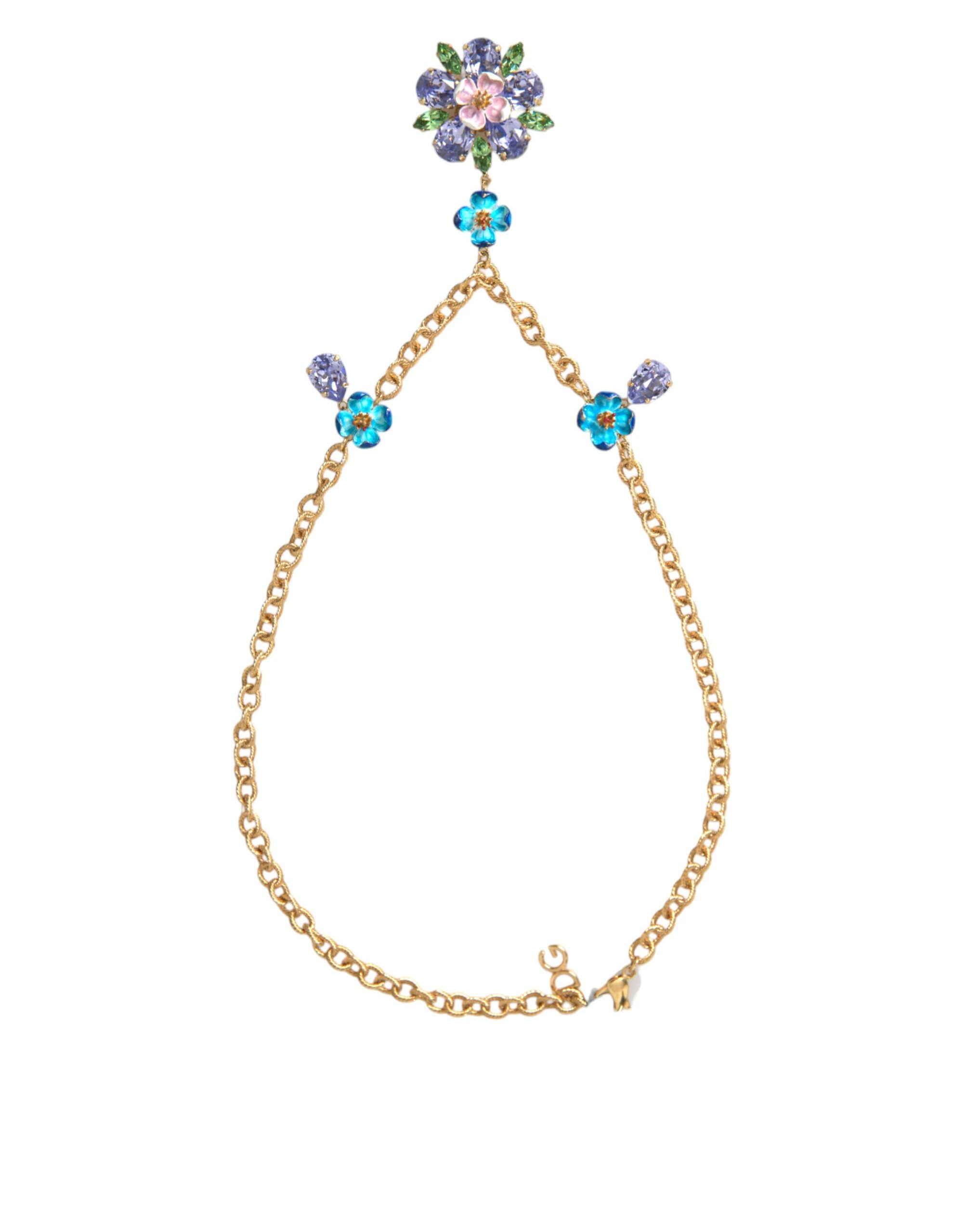 Dolce & Gabbana Gold Brass Chain Crystal Floral Pendant Charm Necklace