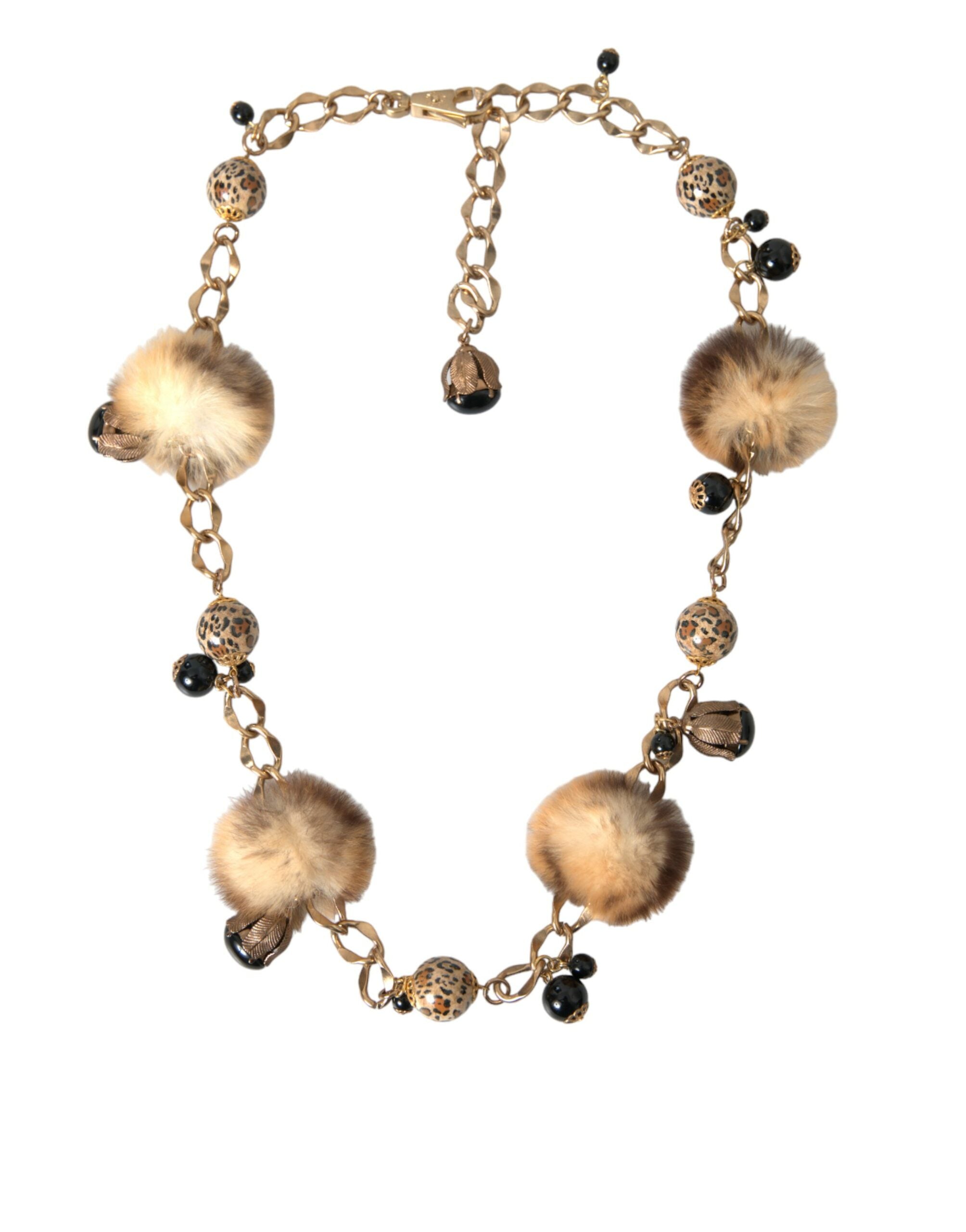 Dolce & Gabbana Gold Brass Leopard Fur Pearl Collier Chain Belt