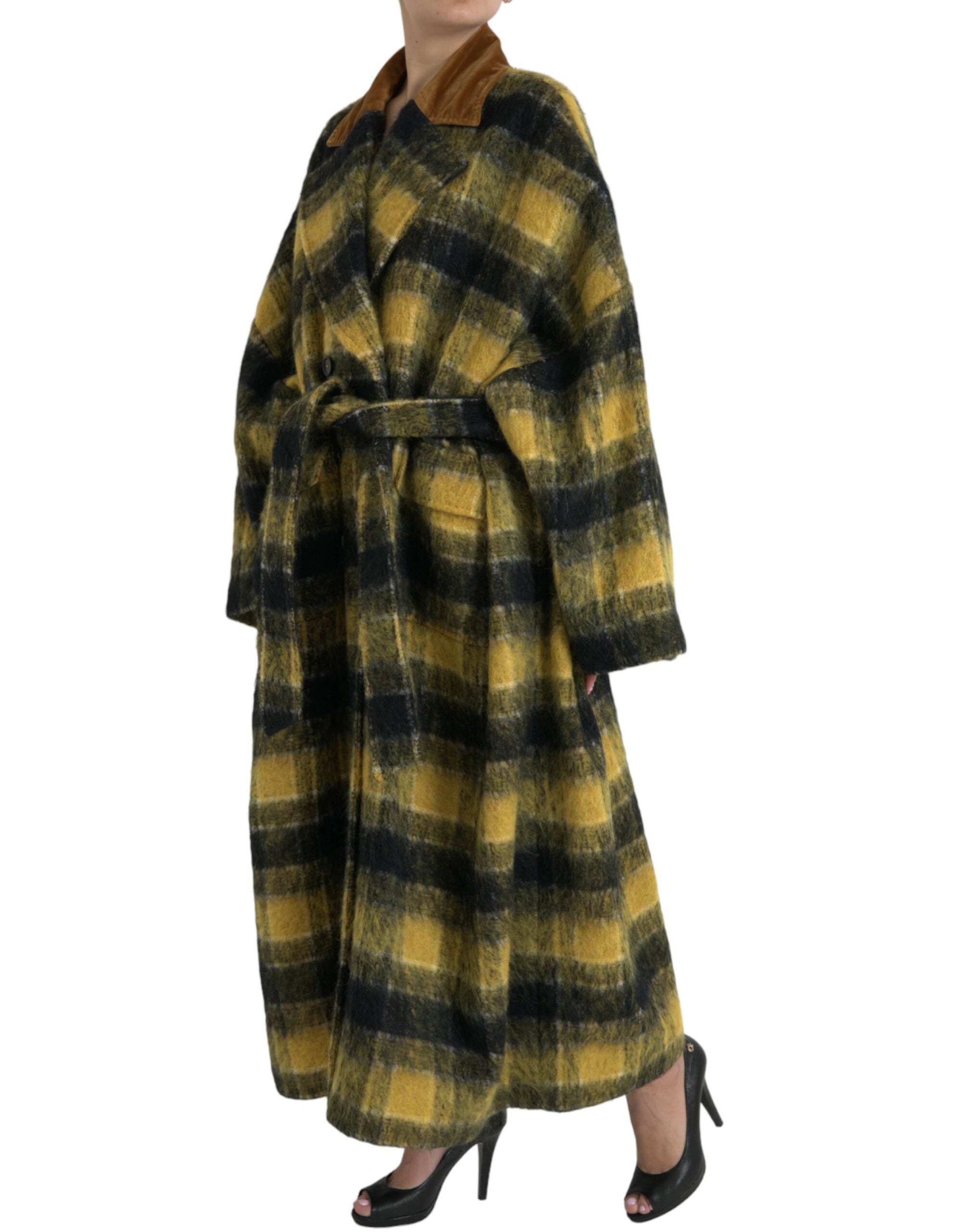 Dolce & Gabbana Chic Checkered Long Trench Coat in Sunny Yellow