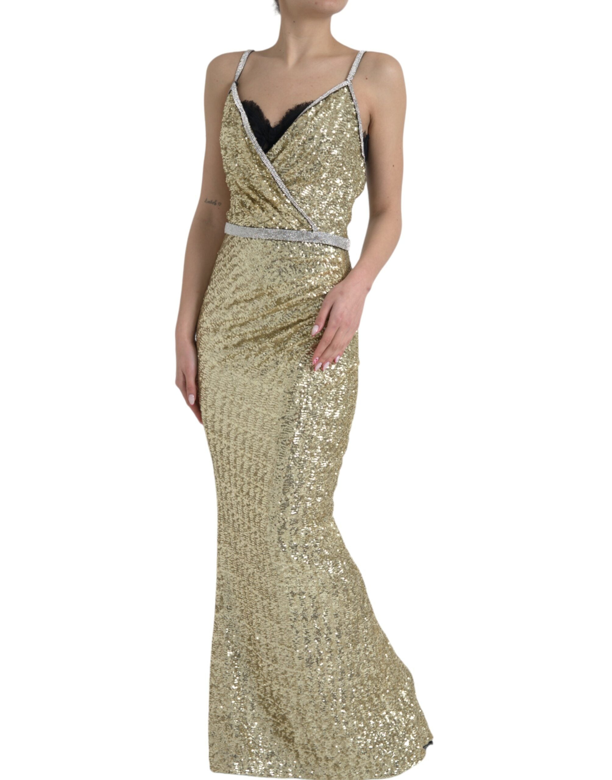 Dolce & Gabbana Golden Sequin Evening Dress with Silk Blend Lining