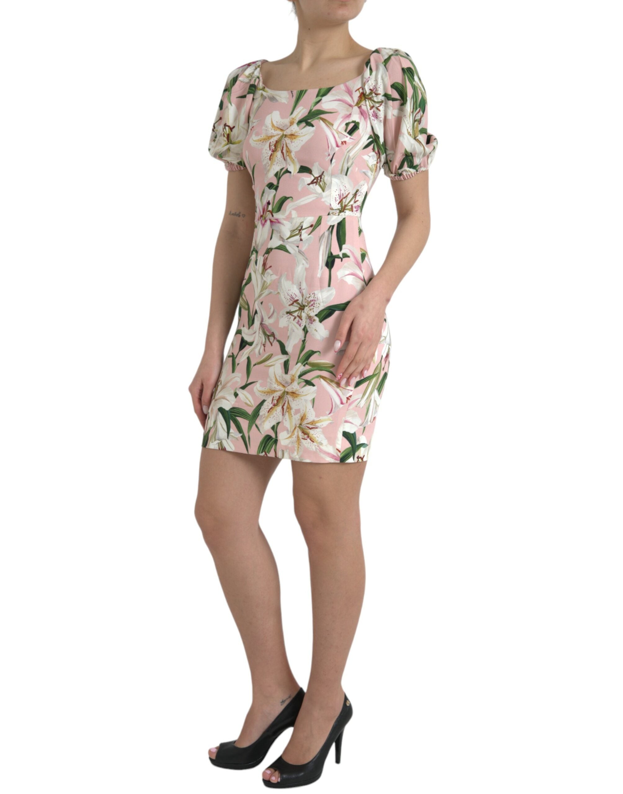 Dolce & Gabbana Elegant Pink Lily Print Sheath Dress