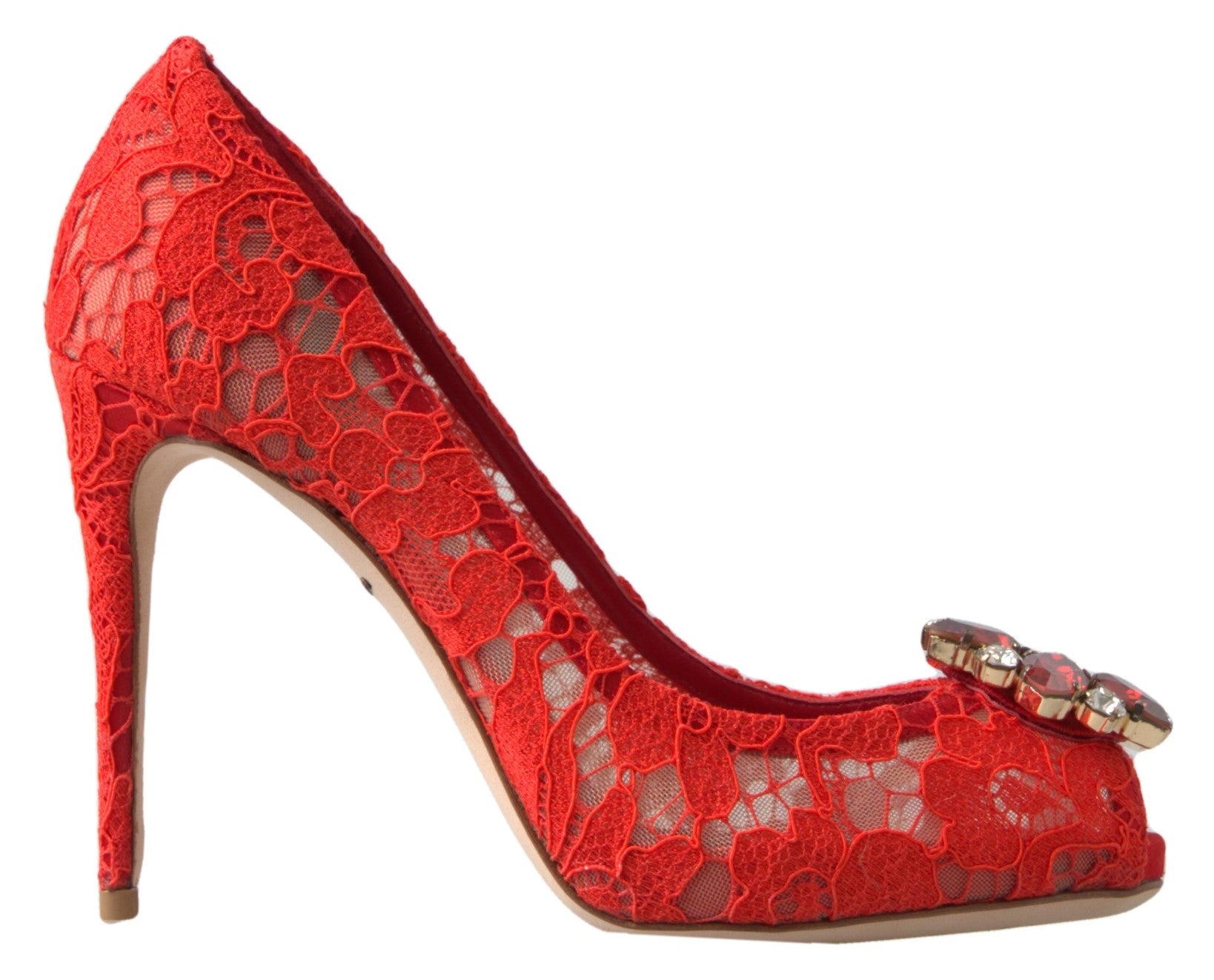 Dolce & Gabbana Red Taormina Lace Crystal Heels Pumps обувки