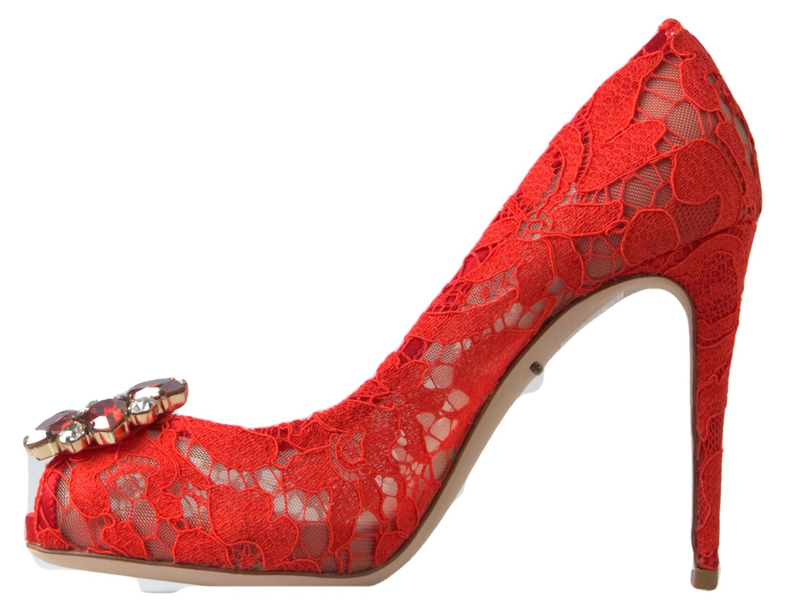 Dolce & Gabbana Red Taormina Lace Crystal Heels Pumps обувки