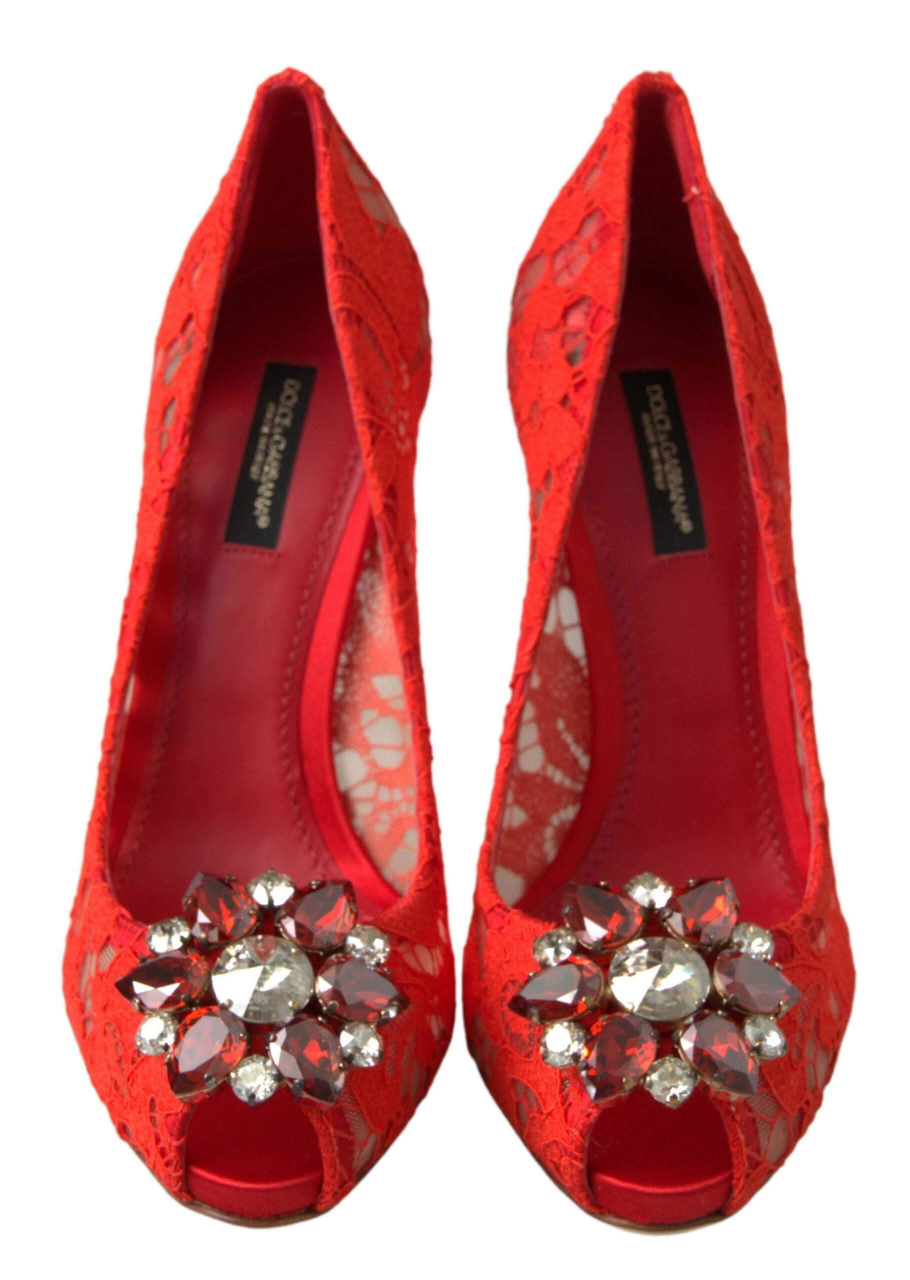 Dolce & Gabbana Red Taormina Lace Crystal Heels Pumps обувки