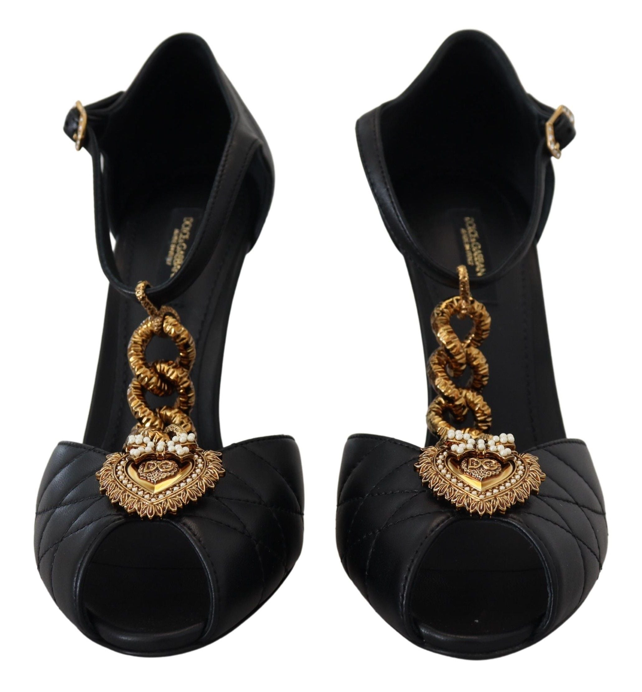 Dolce & Gabbana Черни кожени златни сандали Devotion Heart
