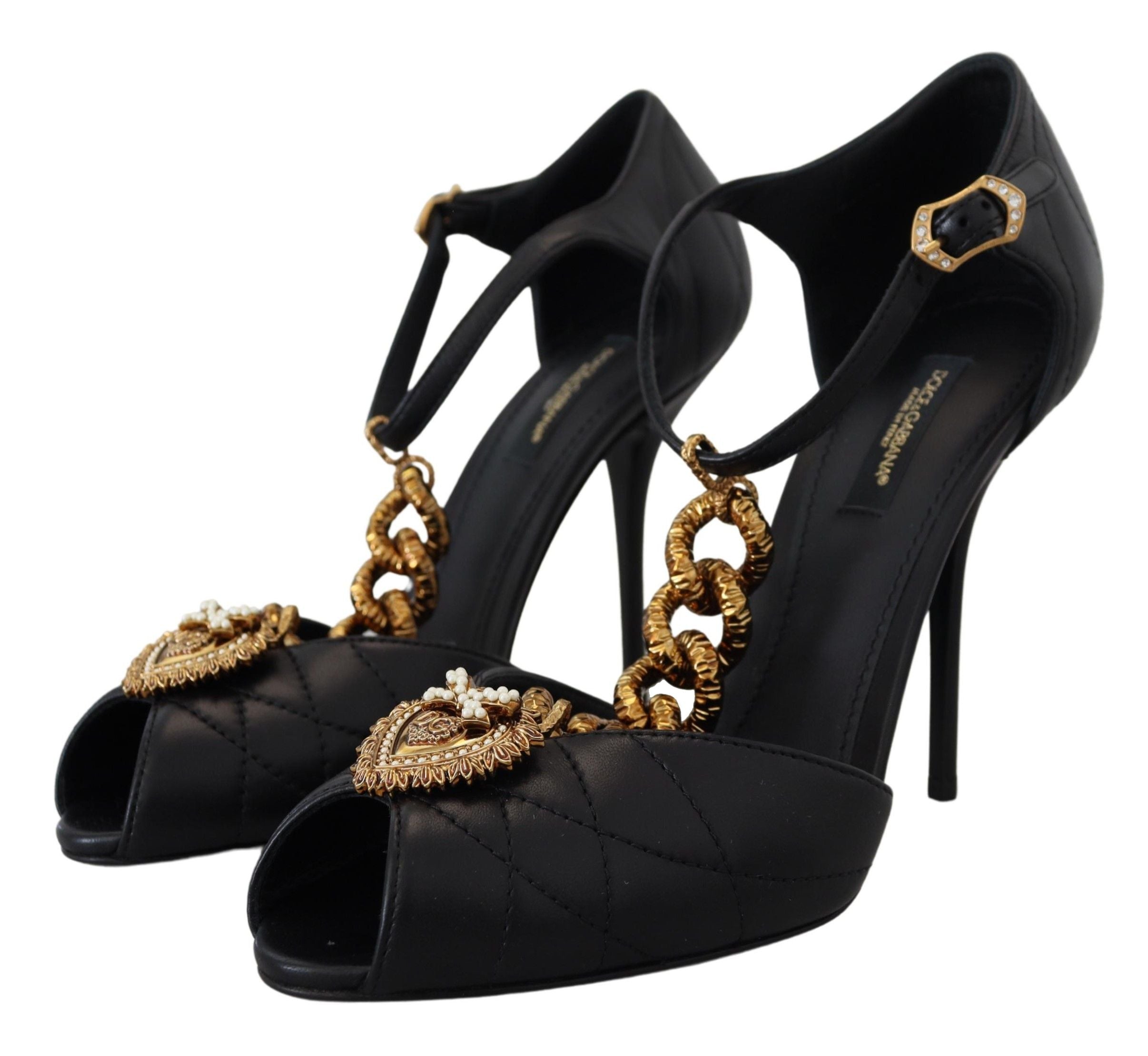 Dolce & Gabbana Черни кожени златни сандали Devotion Heart