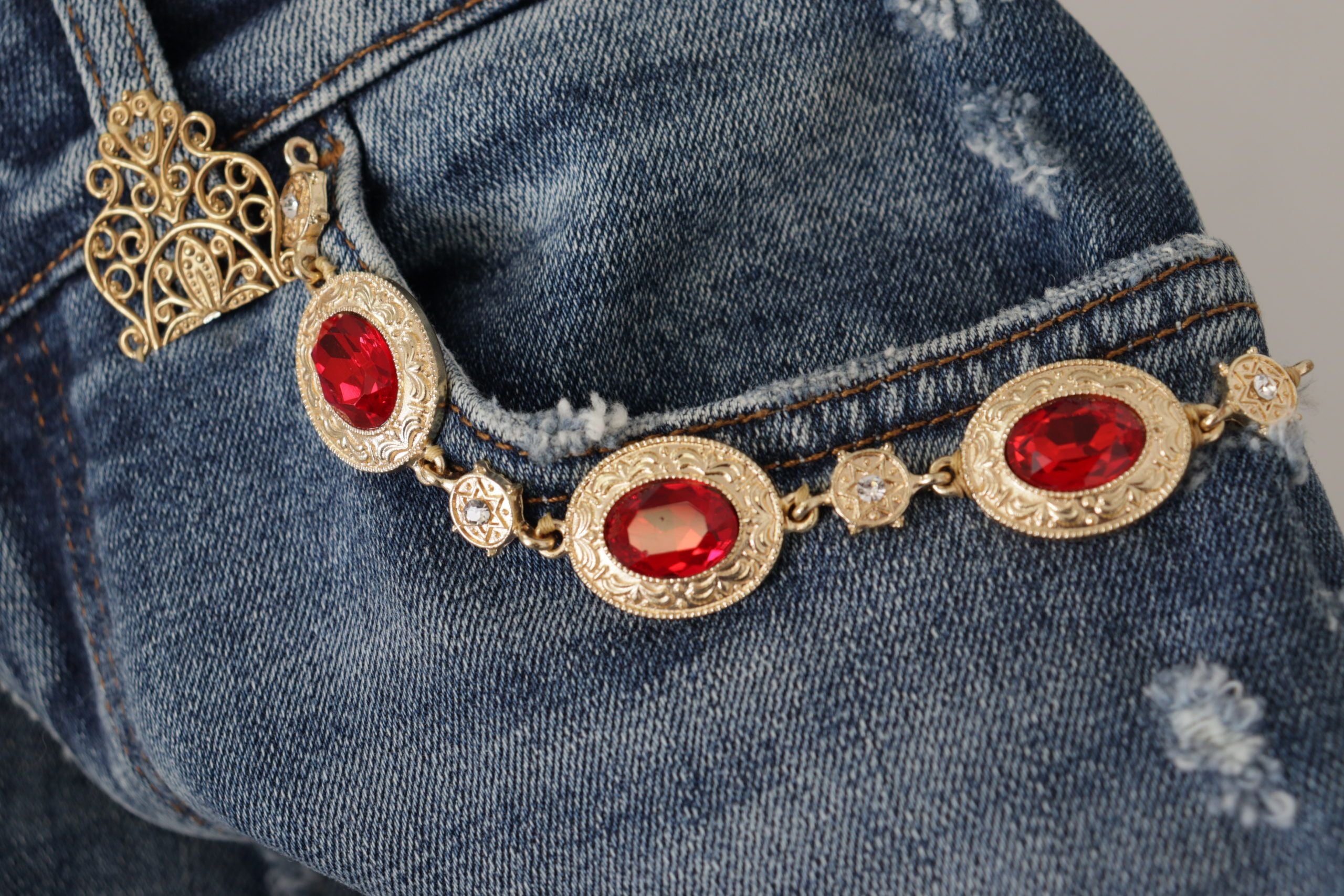 Dolce & Gabbana Blue Denim Crystal Embellished Pants Pants Дънки