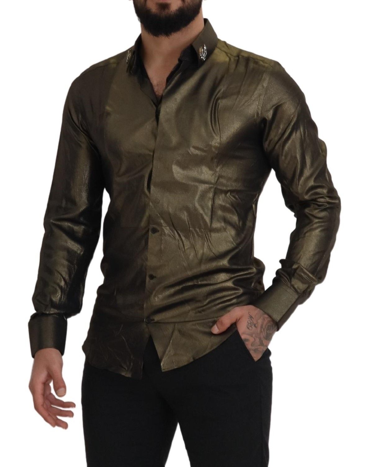 Копринена риза Dolce & Gabbana Metallic Gold DG с бродирана корона