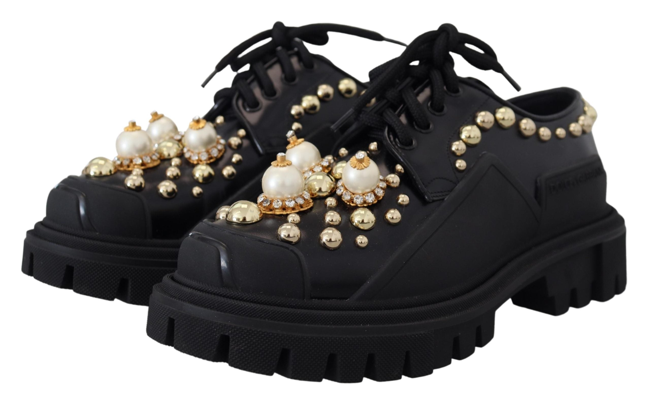 Dolce & Gabbana черни кожени трекинг дерби обувки, украсени