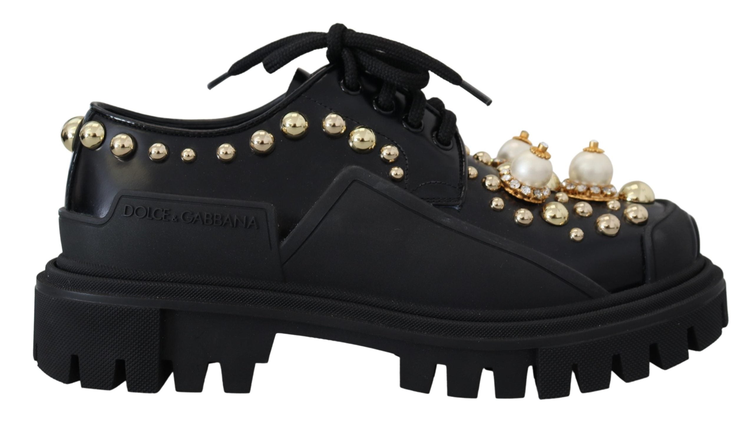 Dolce & Gabbana черни кожени трекинг дерби обувки, украсени