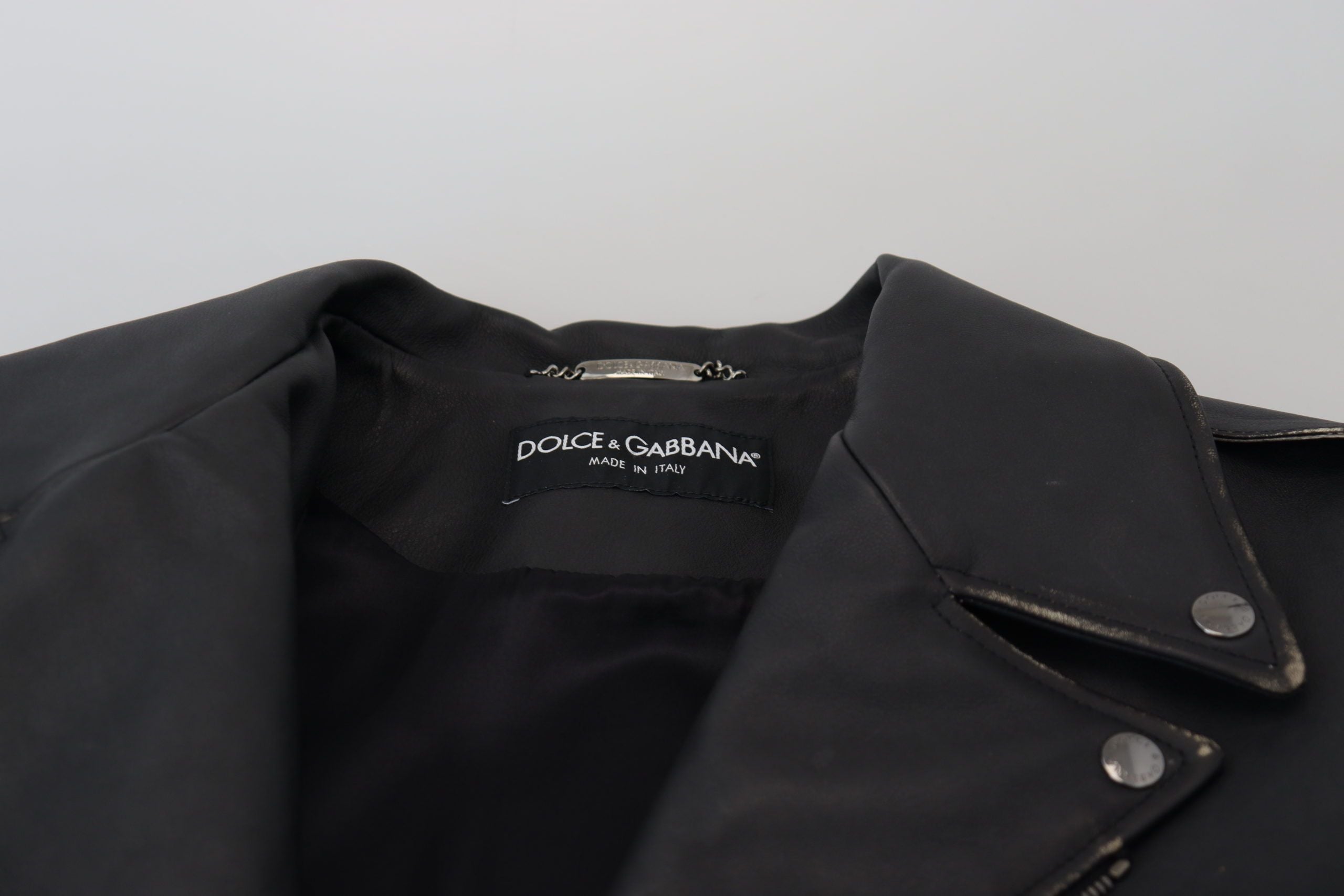 Dolce & Gabbana Черно кожено палто за велосипедист Яке с цип