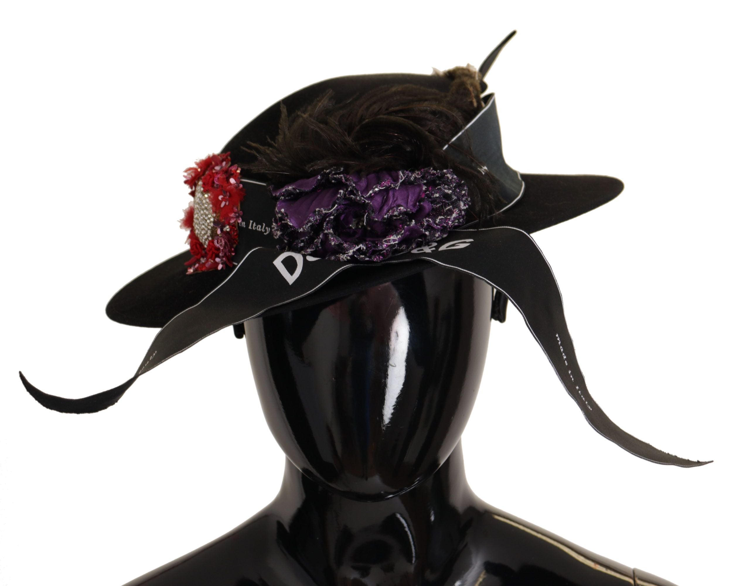 Dolce & Gabbana Black Lapil Кристално сърце Брошка Fedora Шапка