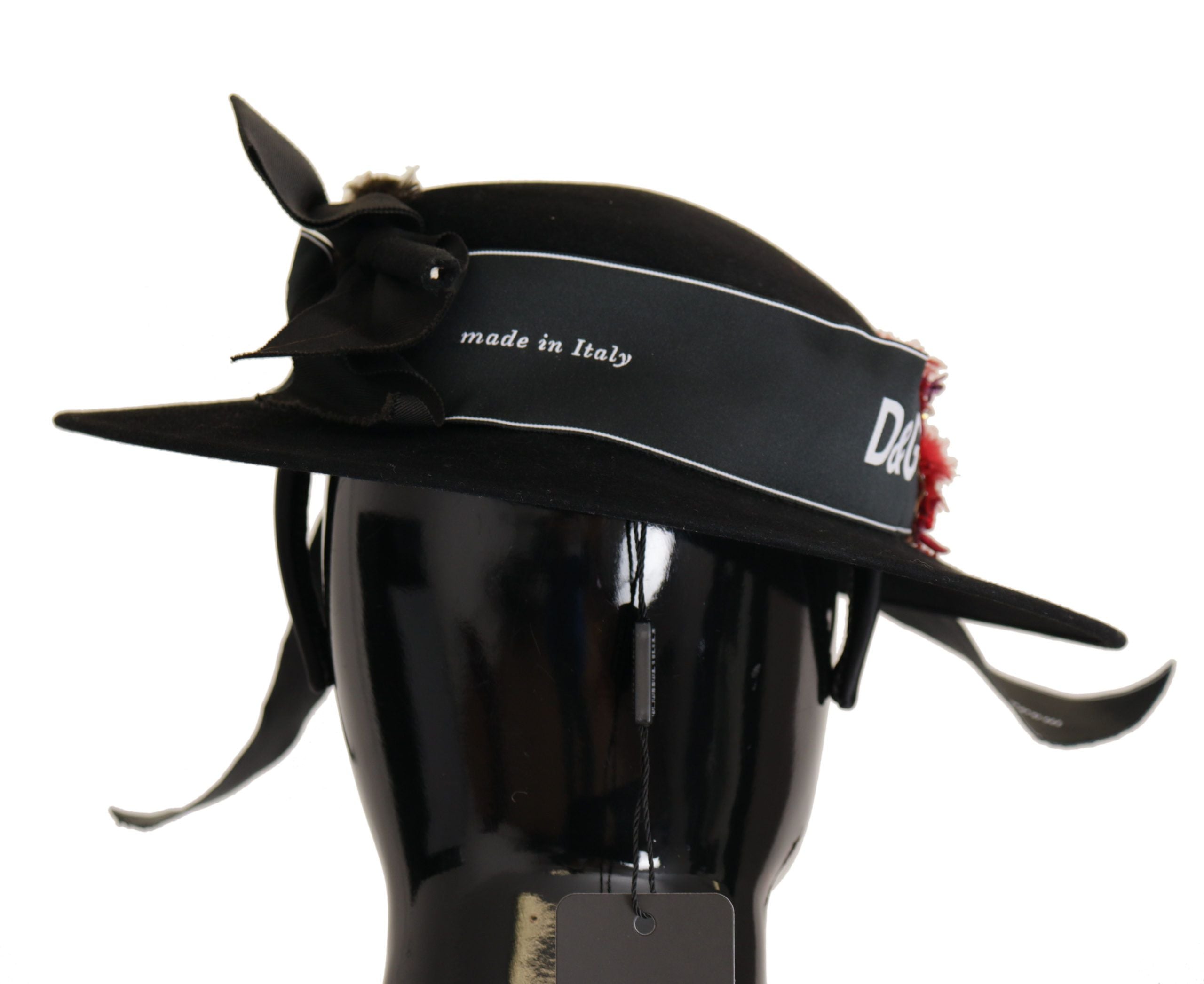 Dolce & Gabbana Black Lapil Кристално сърце Брошка Fedora Шапка