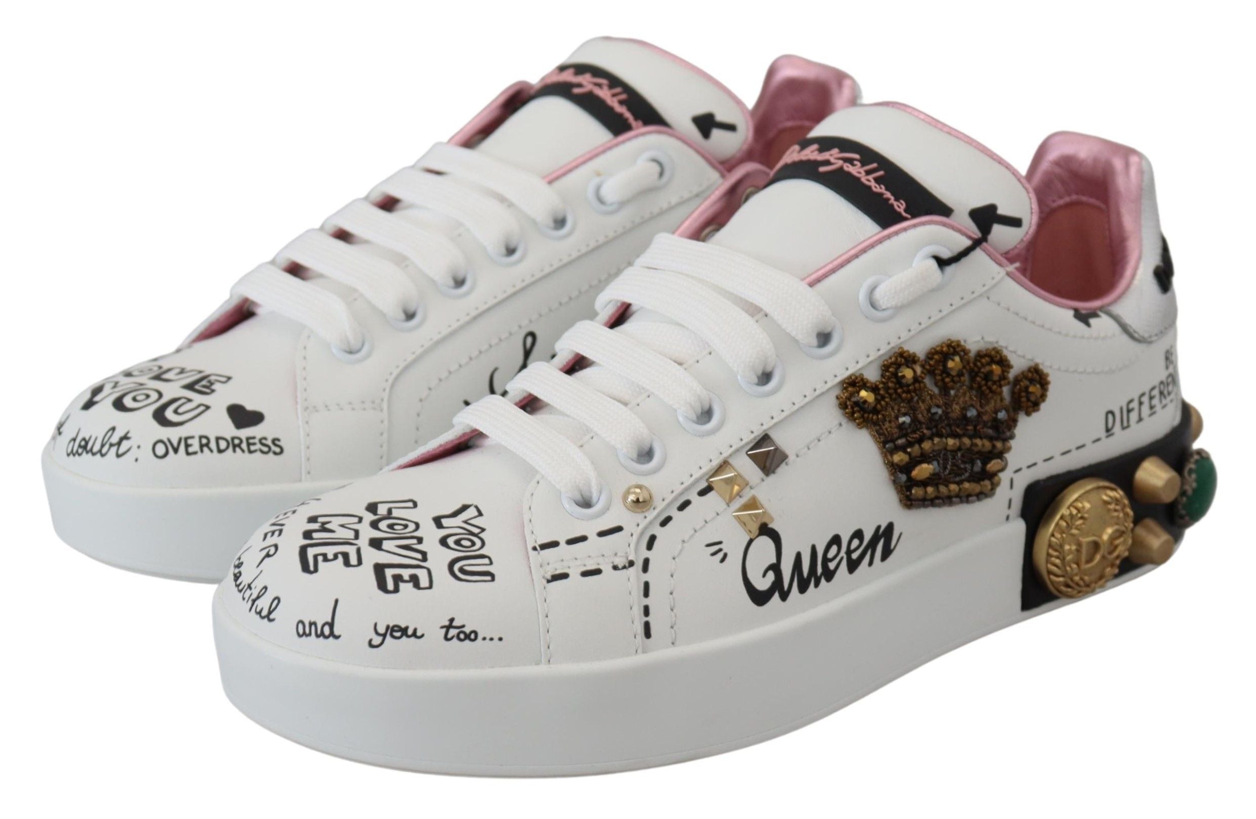 Dolce & Gabbana бели кожени маратонки Crystal Queen Crown
