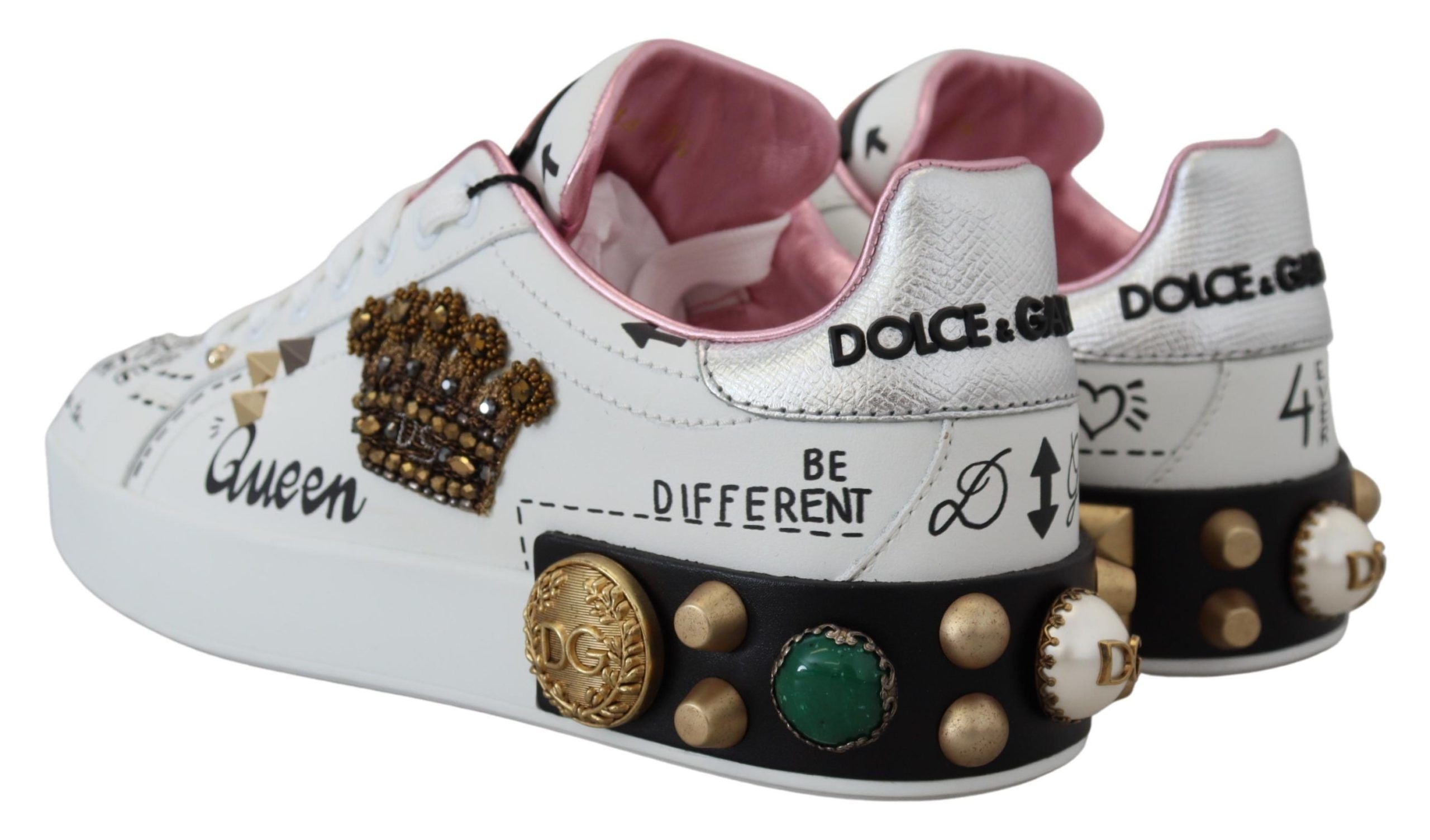 Dolce & Gabbana бели кожени маратонки Crystal Queen Crown