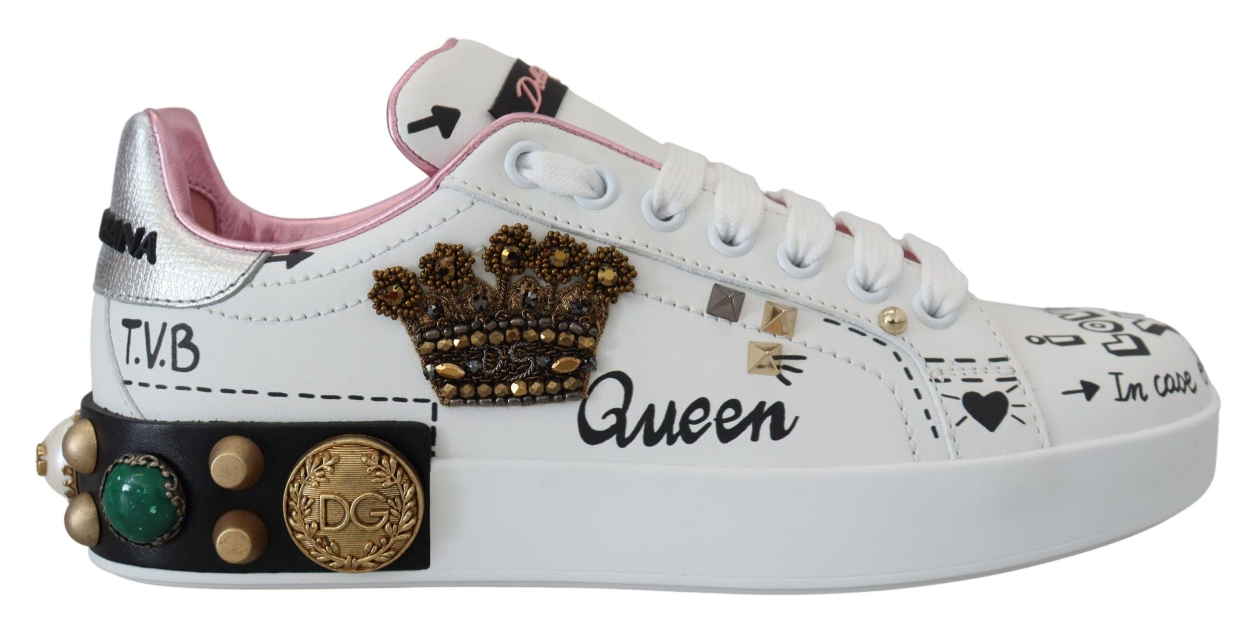 Dolce & Gabbana бели кожени маратонки Crystal Queen Crown