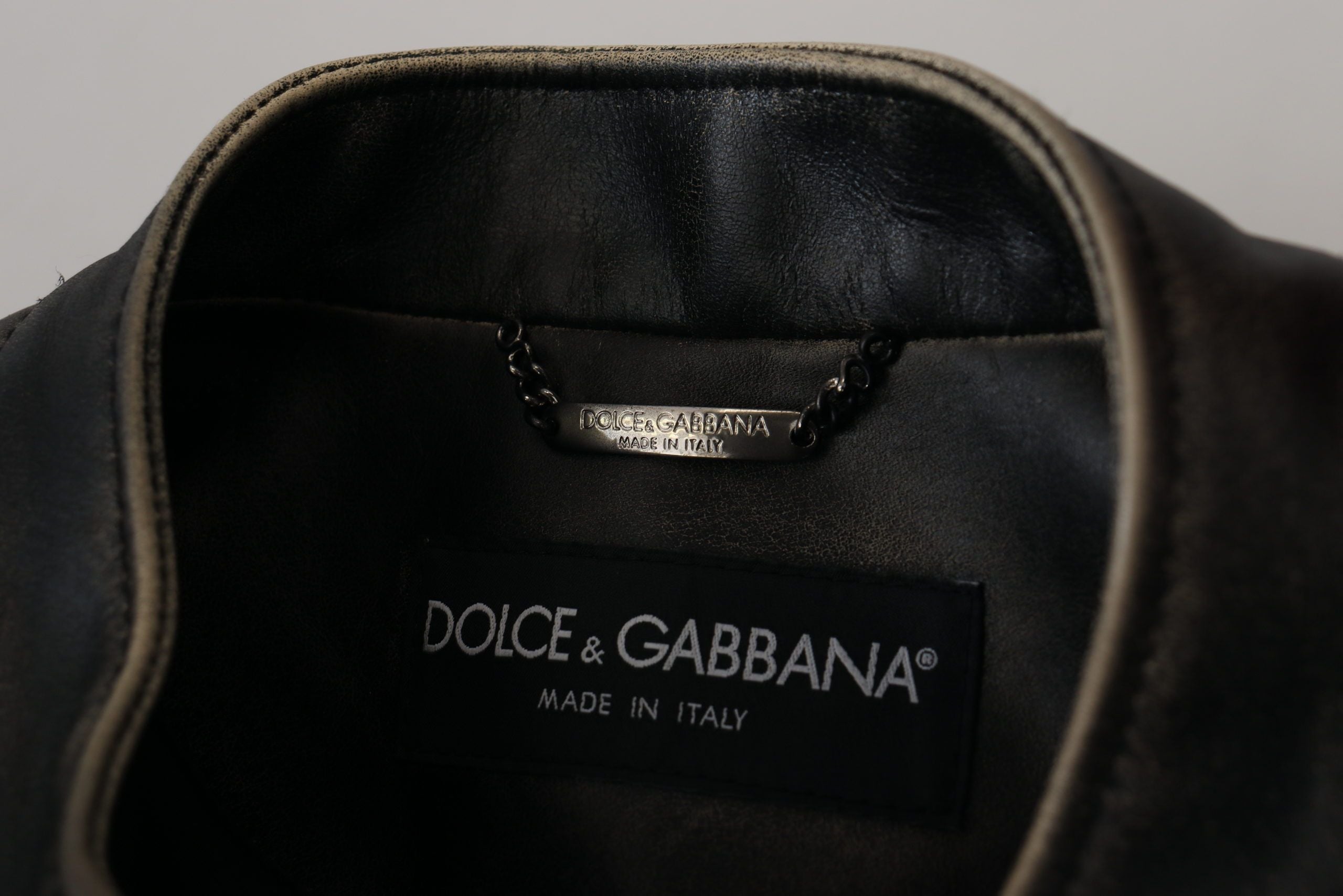 Черно кожено яке Dolce & Gabbana с цип за велосипедисти
