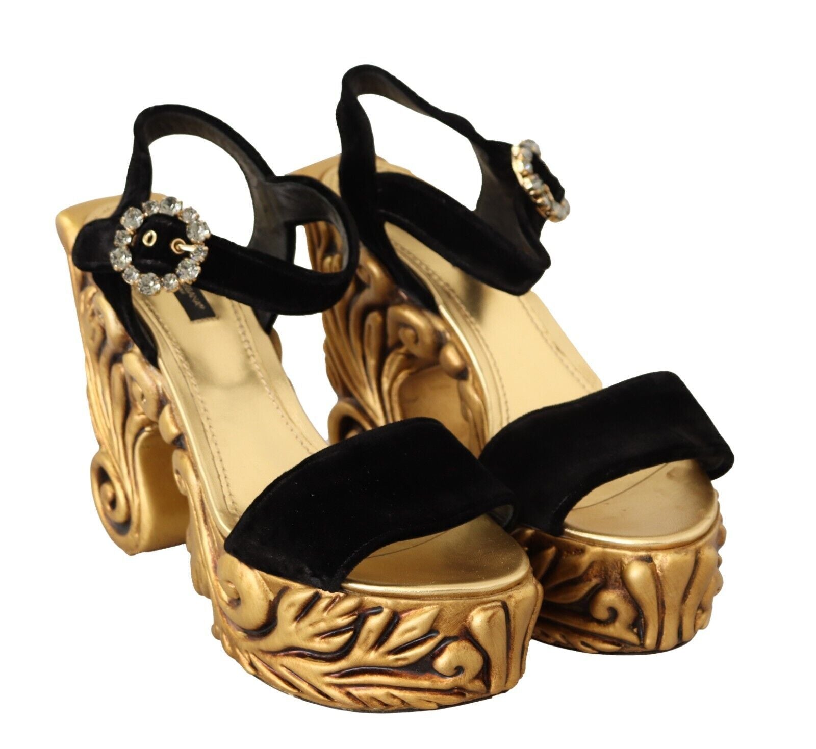 Dolce & Gabbana Черни златни барокови кадифени токчета Кристални обувки
