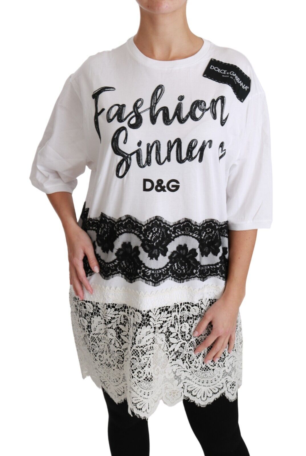 Dolce & Gabbana Бяла модна тениска Sinner от памучна дантела