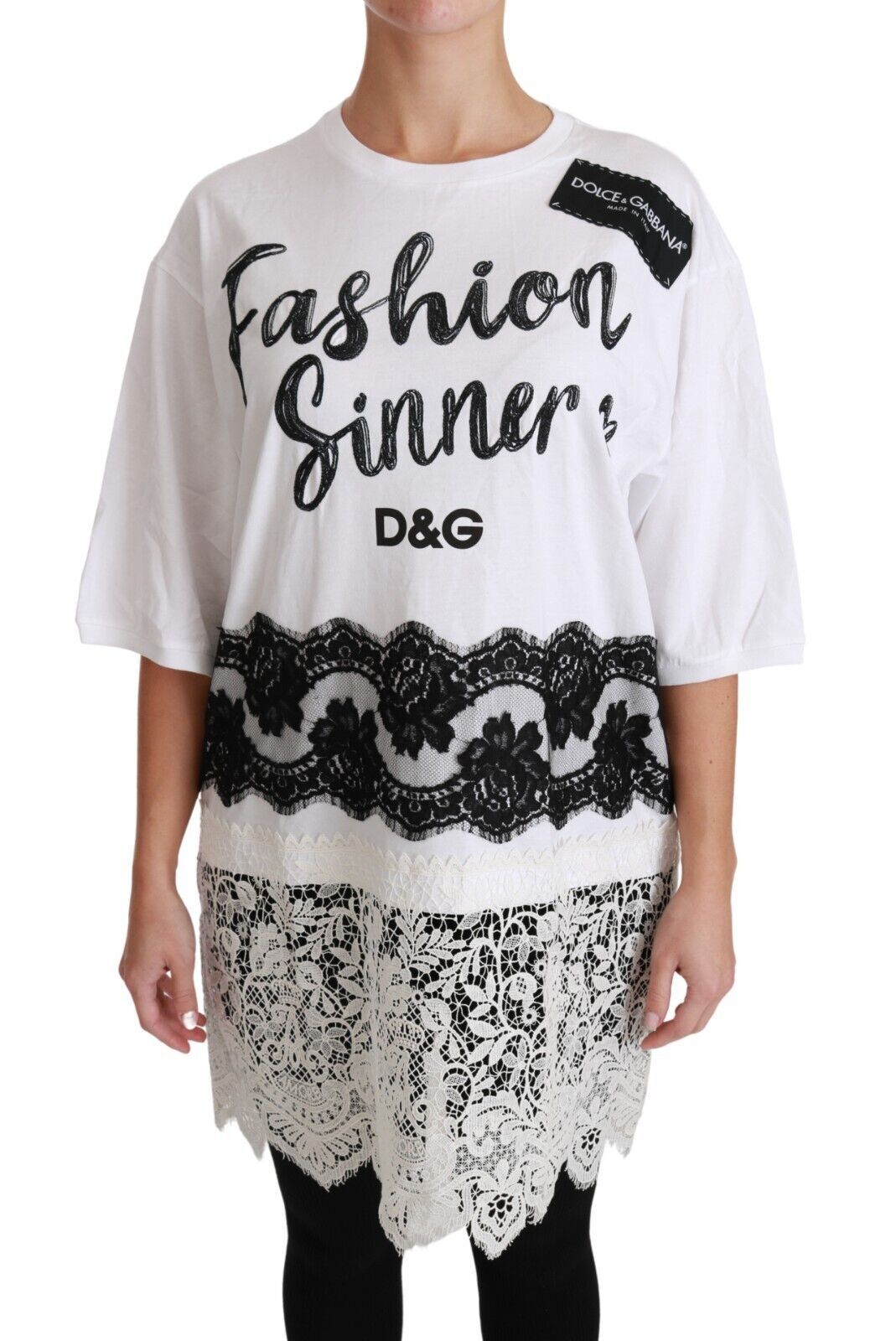 Dolce & Gabbana Бяла модна тениска Sinner от памучна дантела