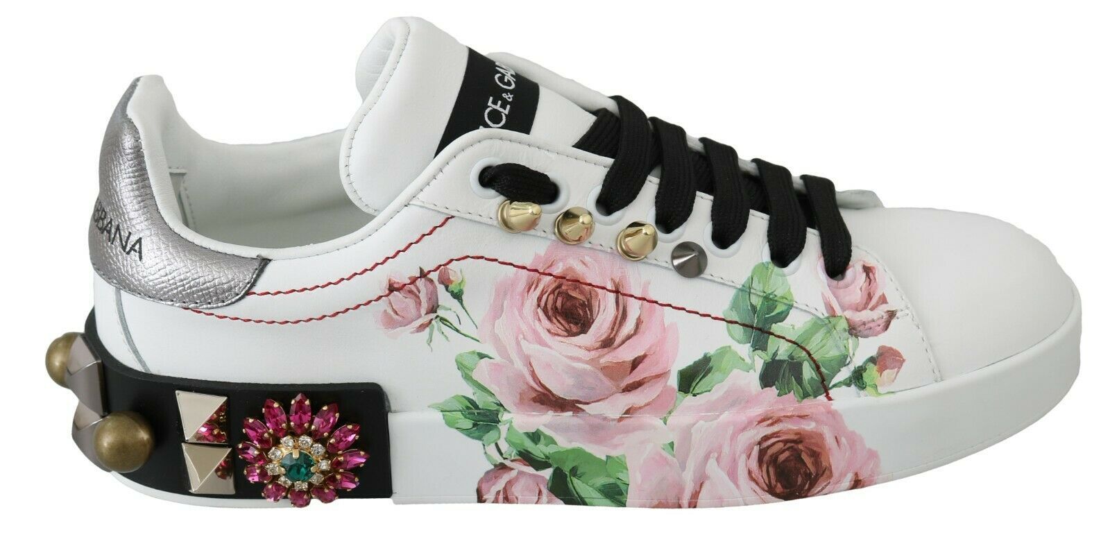 Dolce & Gabbana Бели кожени обувки с кристални рози и маратонки с цветя