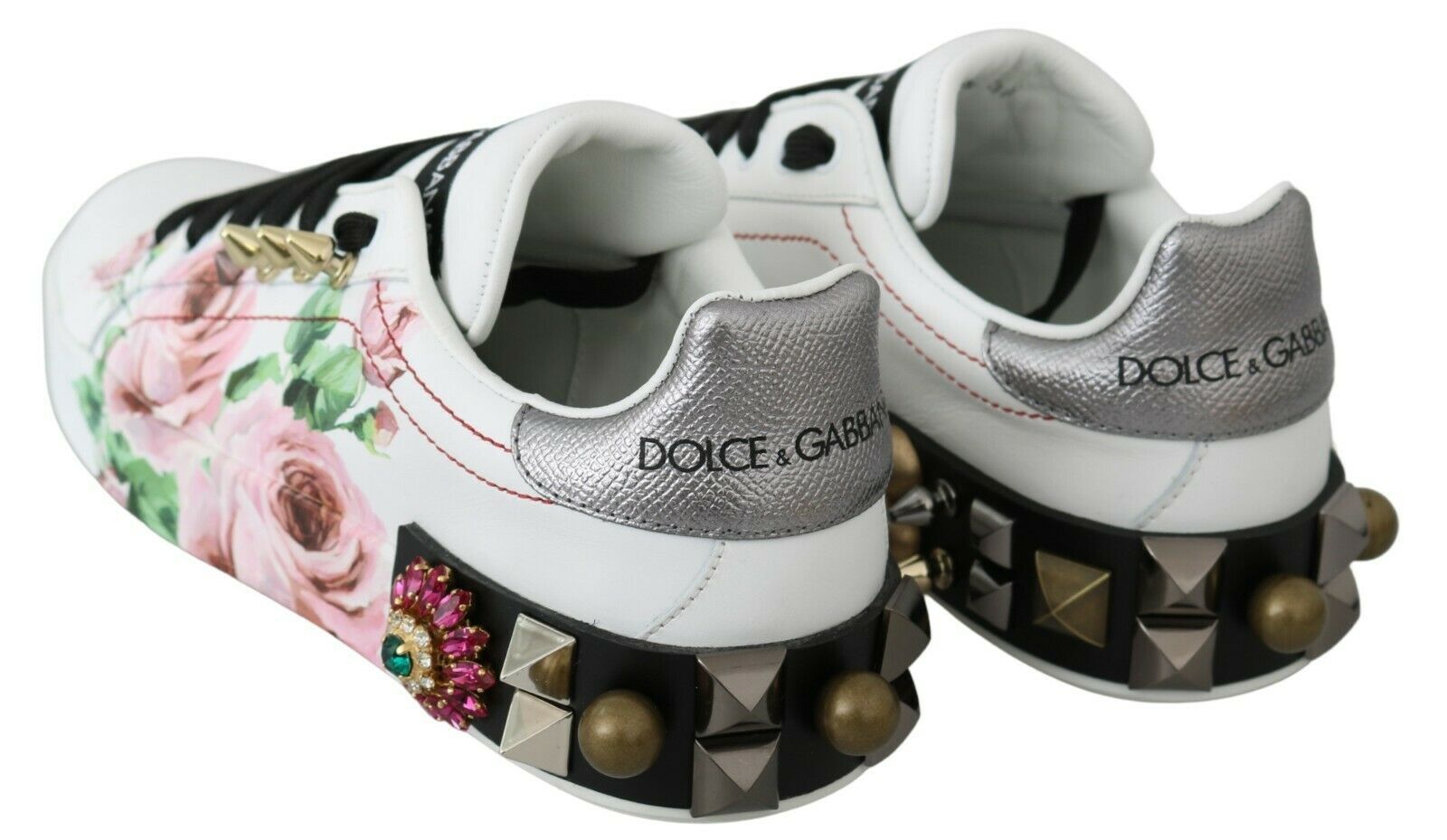 Dolce & Gabbana Бели кожени обувки с кристални рози и маратонки с цветя