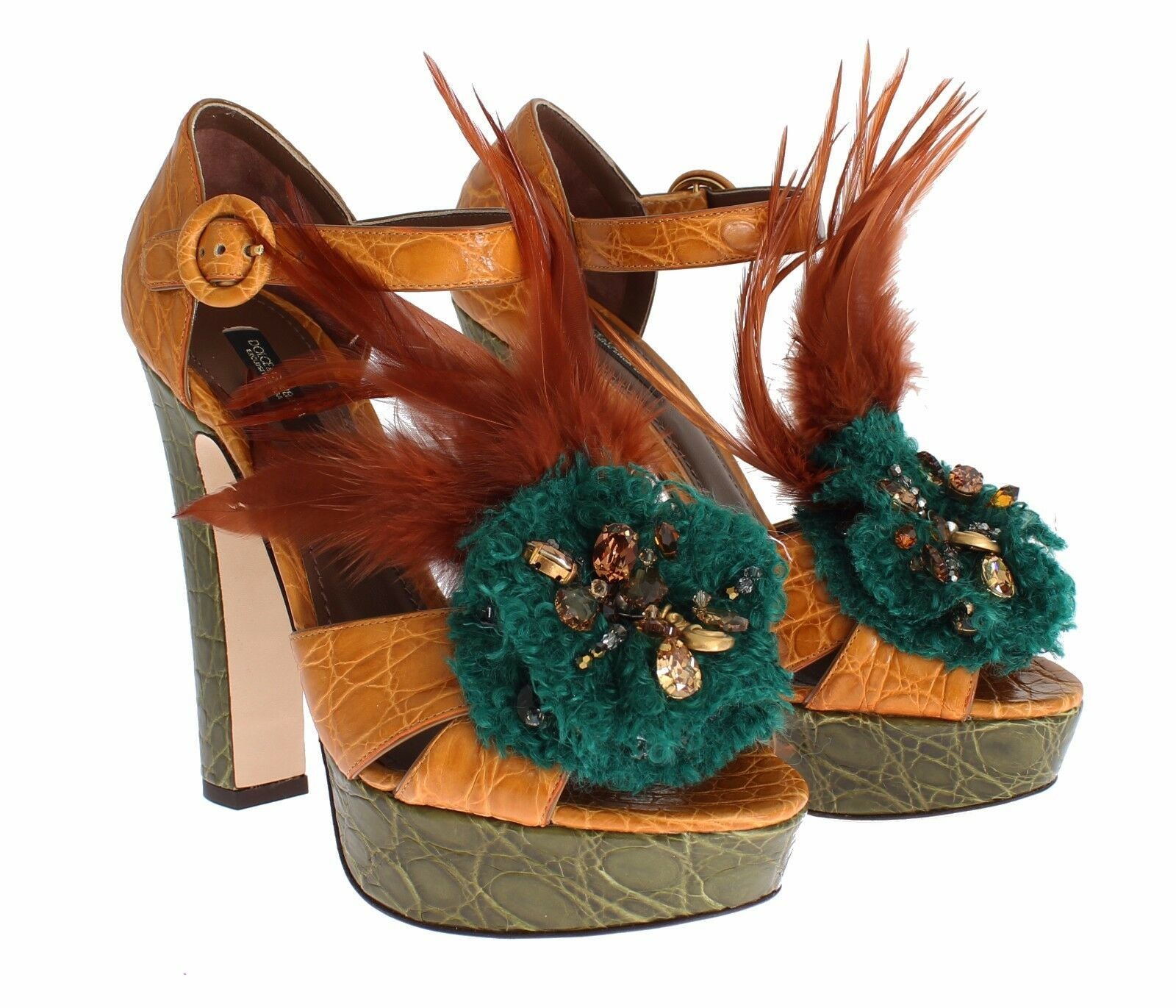 Dolce & Gabbana Оранжеви кожени сандали с кристална платформа
