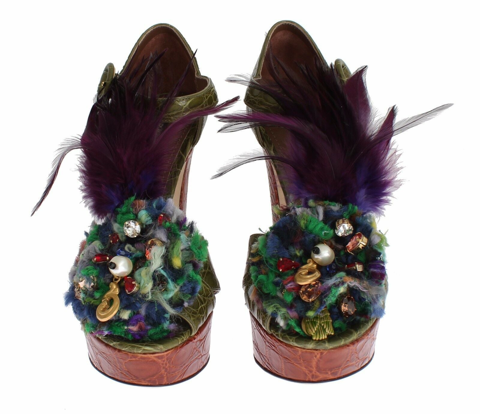 Dolce & Gabbana Зелени кожени сандали с кристална платформа