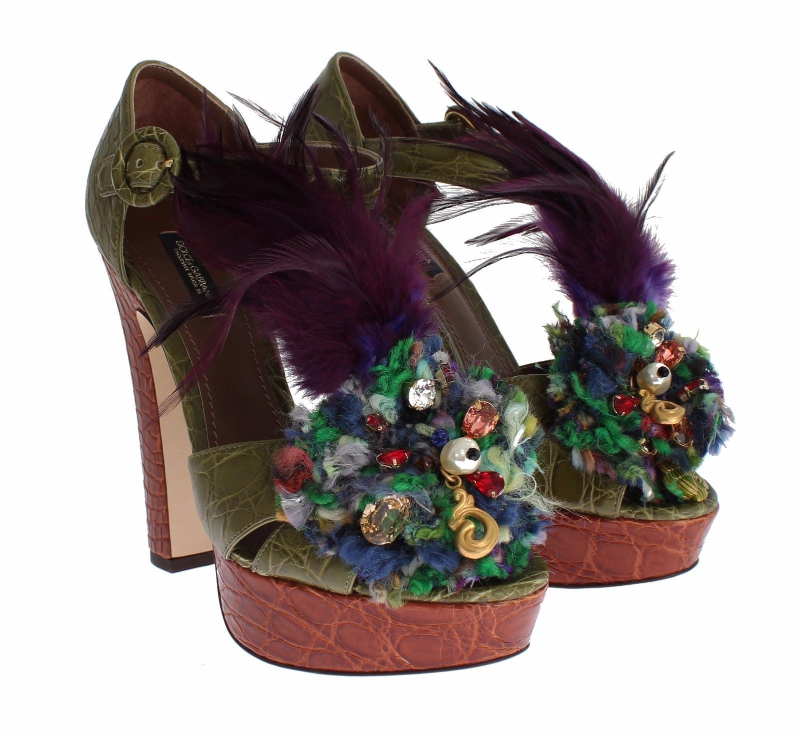 Dolce & Gabbana Зелени кожени сандали с кристална платформа