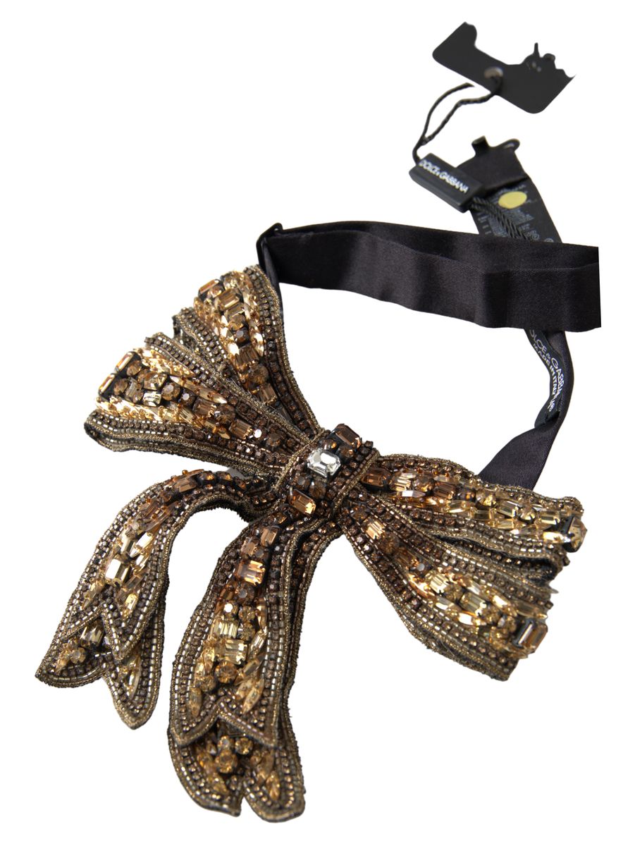 Dolce & Gabbana Gold Crystal Embellished Silk Bowtie