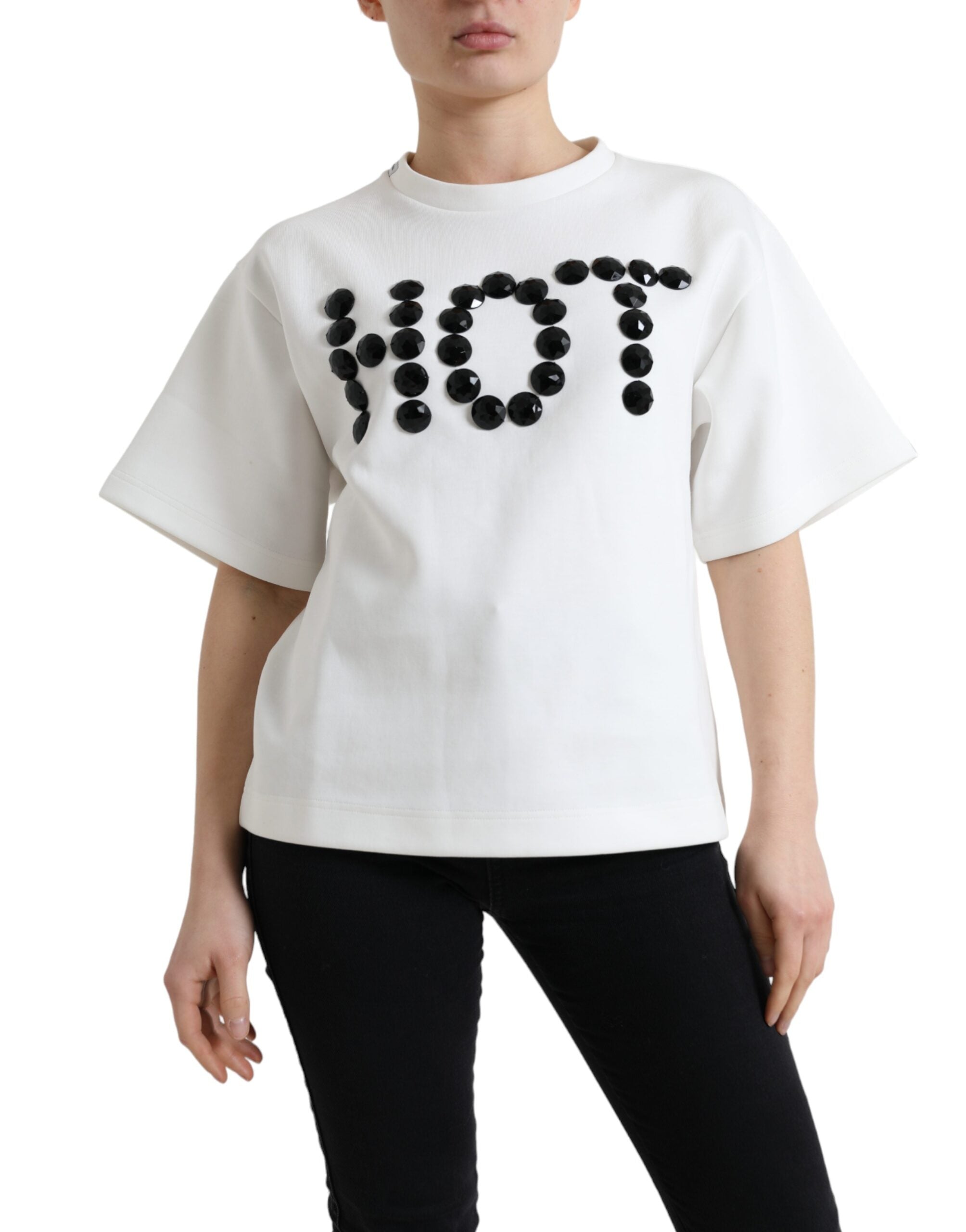 Тениска Dolce & Gabbana Бяла памучна еластична черна HOT Crystal