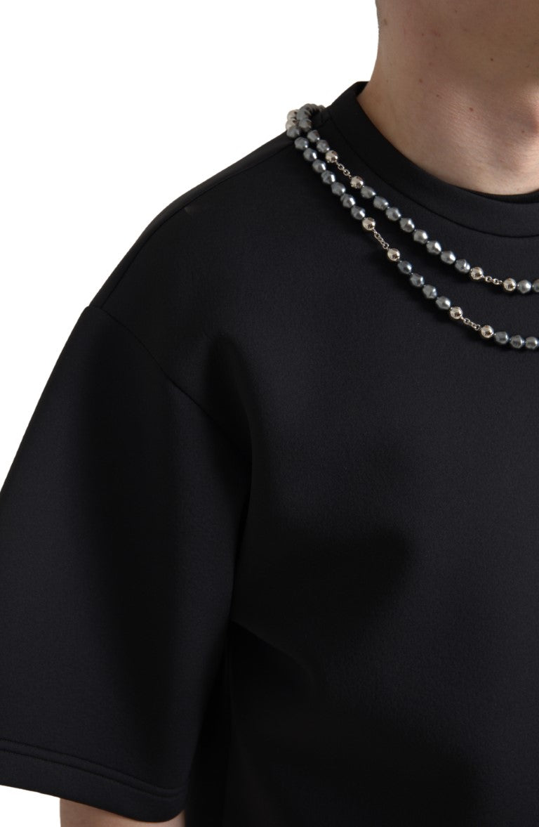 Украсена полиестерна тениска с черно колие Dolce & Gabbana