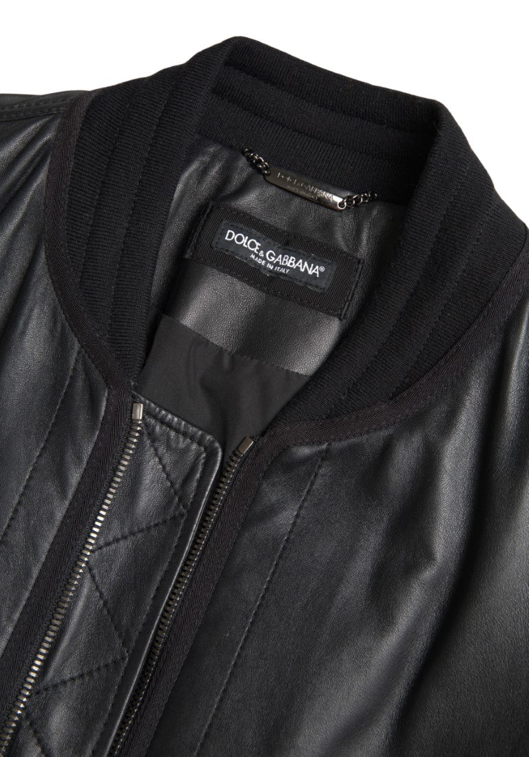 Dolce & Gabbana Черна кожена блузон с пълен цип Бомбер яке