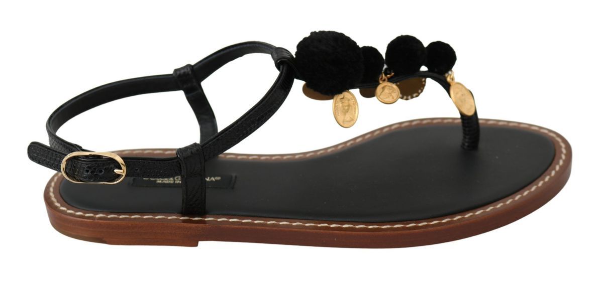 Dolce & Gabbana Черни кожени монети Джапанки Сандали Обувки