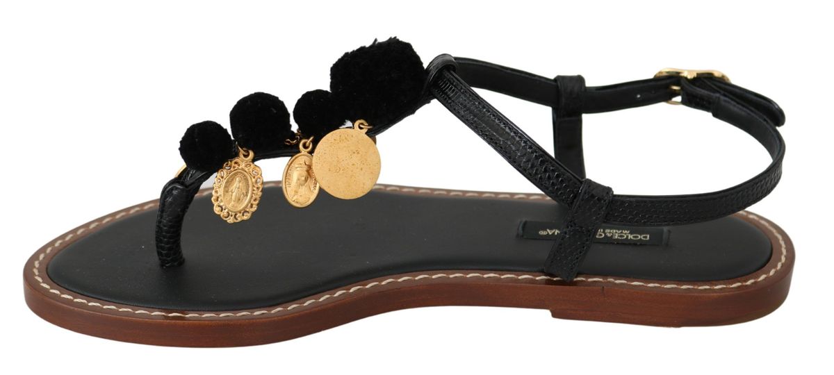 Dolce & Gabbana Черни кожени монети Джапанки Сандали Обувки