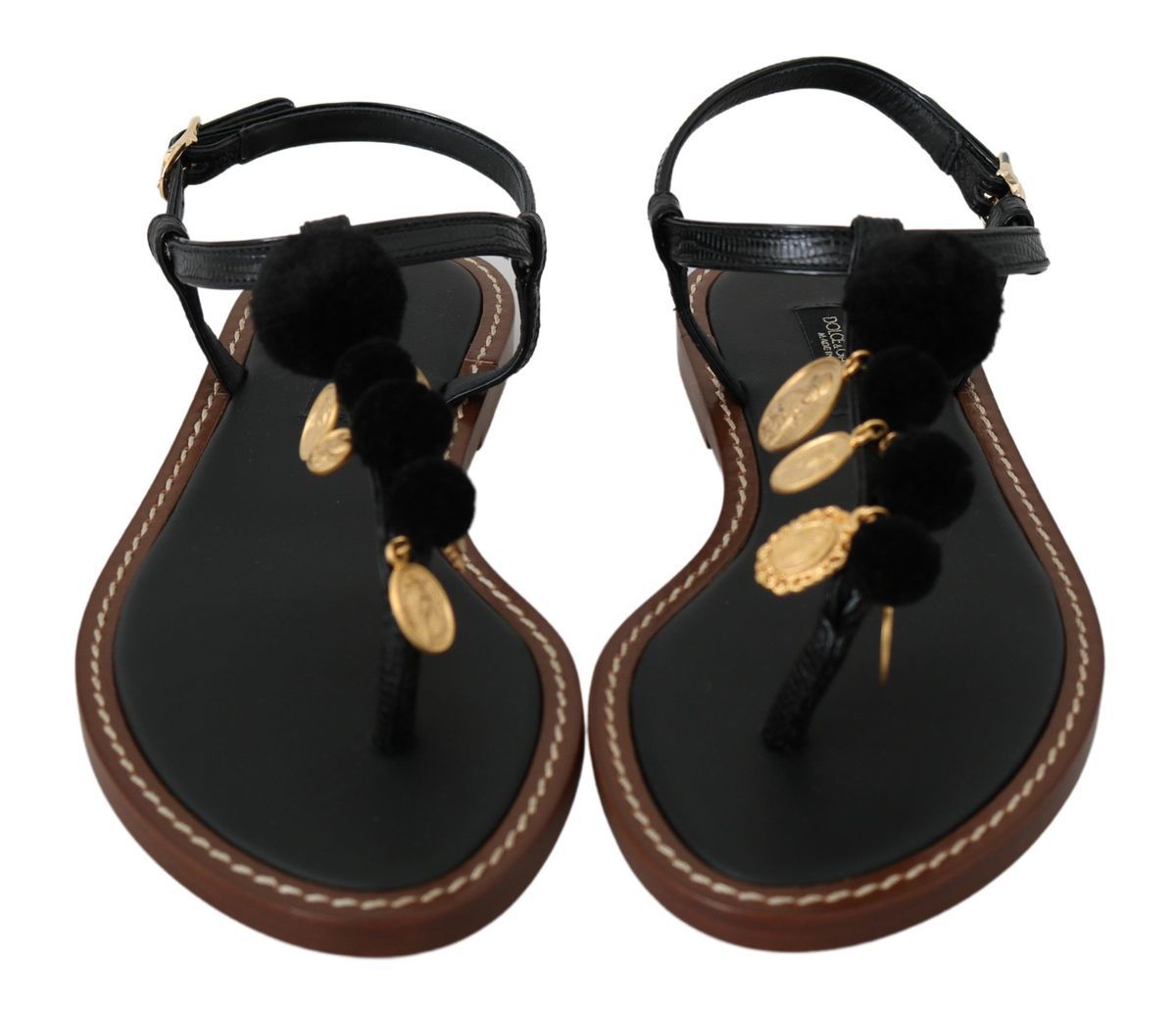 Dolce & Gabbana Черни кожени монети Джапанки Сандали Обувки