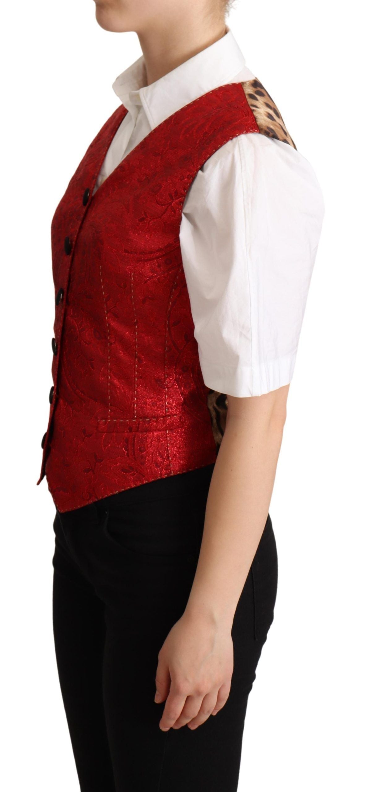 Dolce & Gabbana Red Brocade Leopard Print Waistcoat