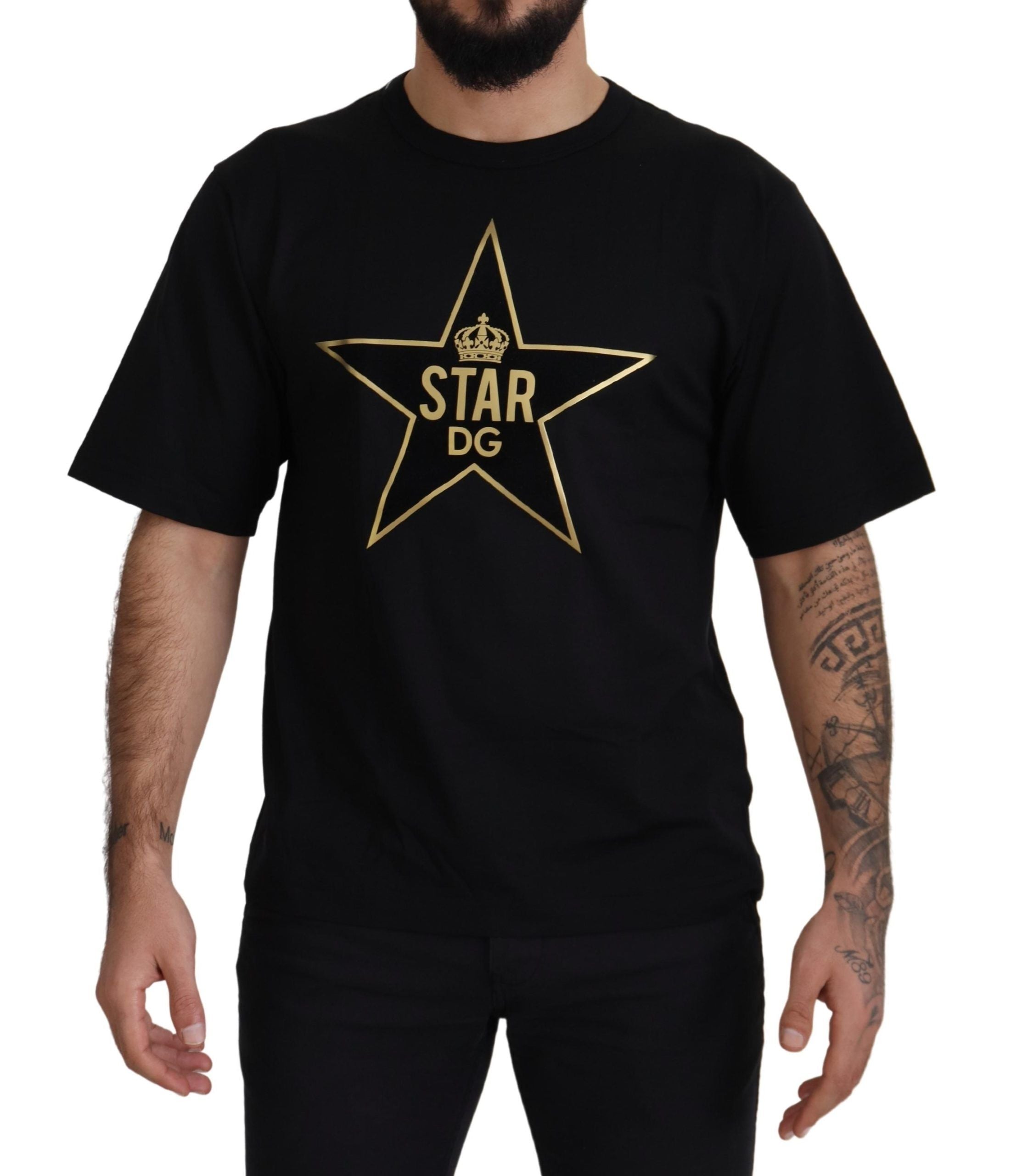 Dolce & Gabbana Черно злато STAR Crown DG Памучна тениска с кръгло деколте