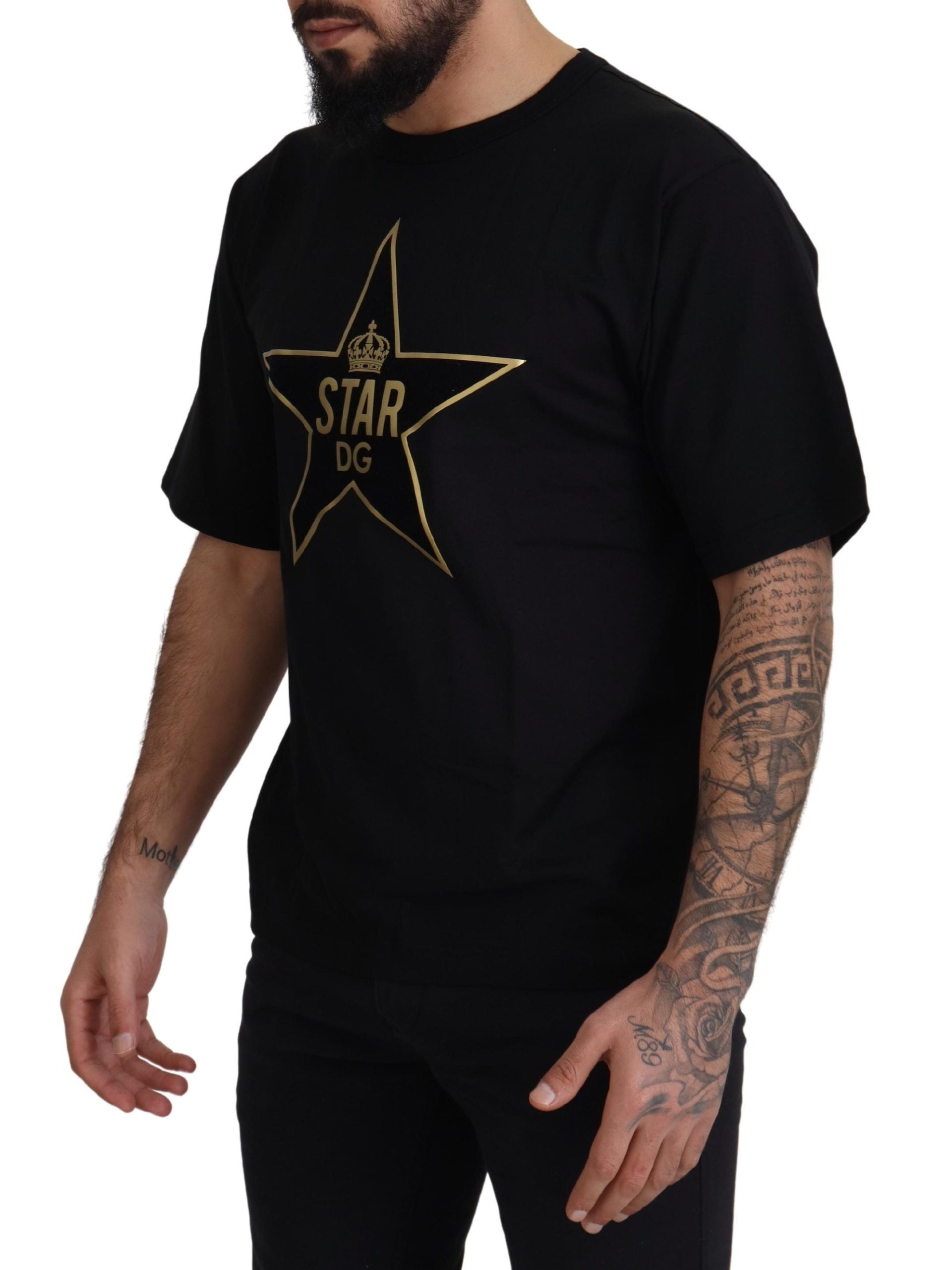 Dolce & Gabbana Черно злато STAR Crown DG Памучна тениска с кръгло деколте