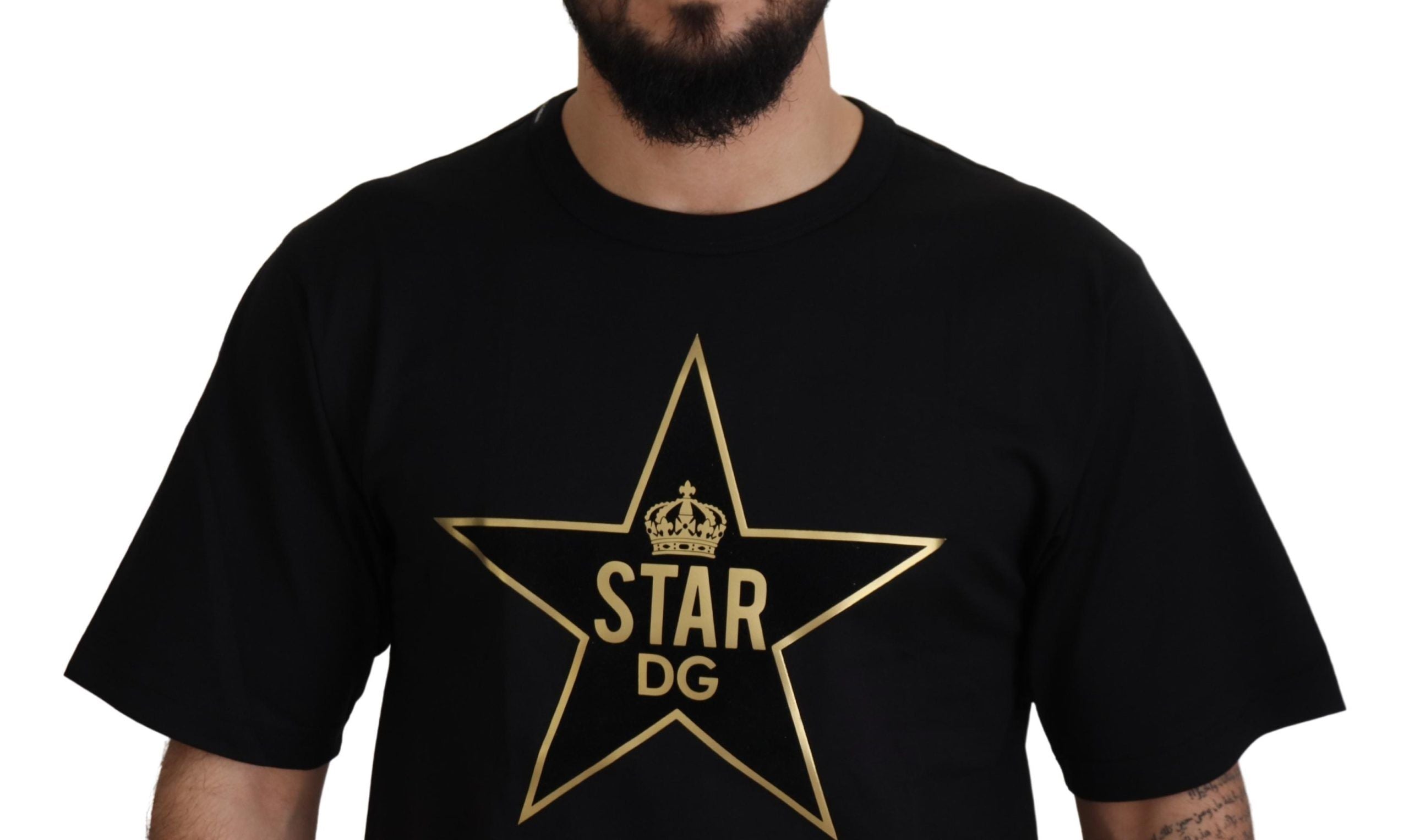 Dolce & Gabbana Черно злато STAR Crown DG Памучна тениска с кръгло деколте