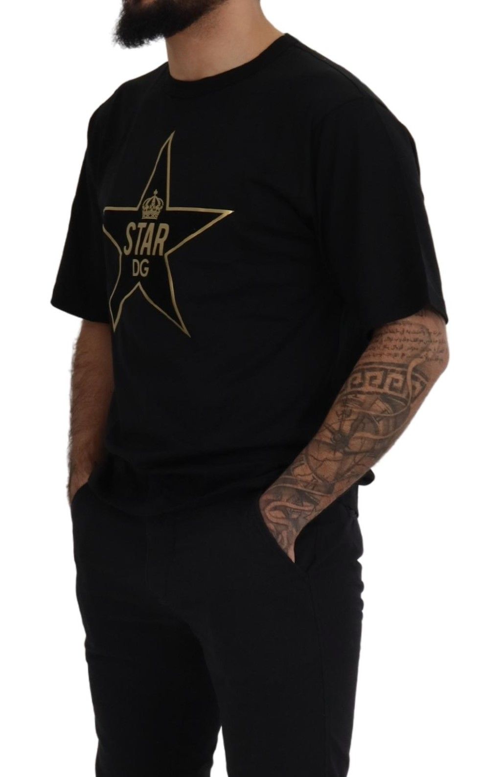 Dolce & Gabbana Черно злато STAR Crown DG Памучна тениска с кръгло деколте