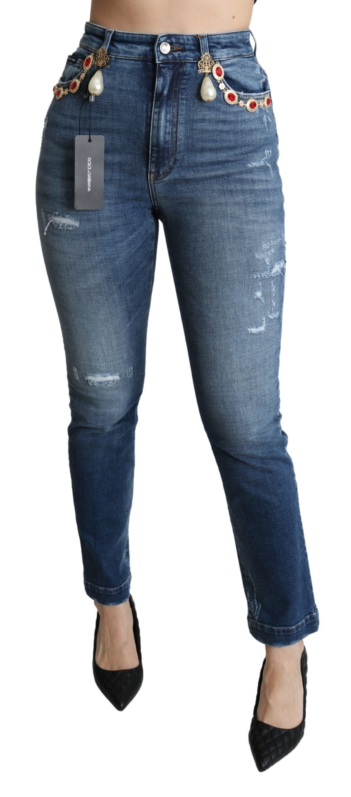 Dolce & Gabbana Blue Crystal Embellished Slim Fit Pants Дънки