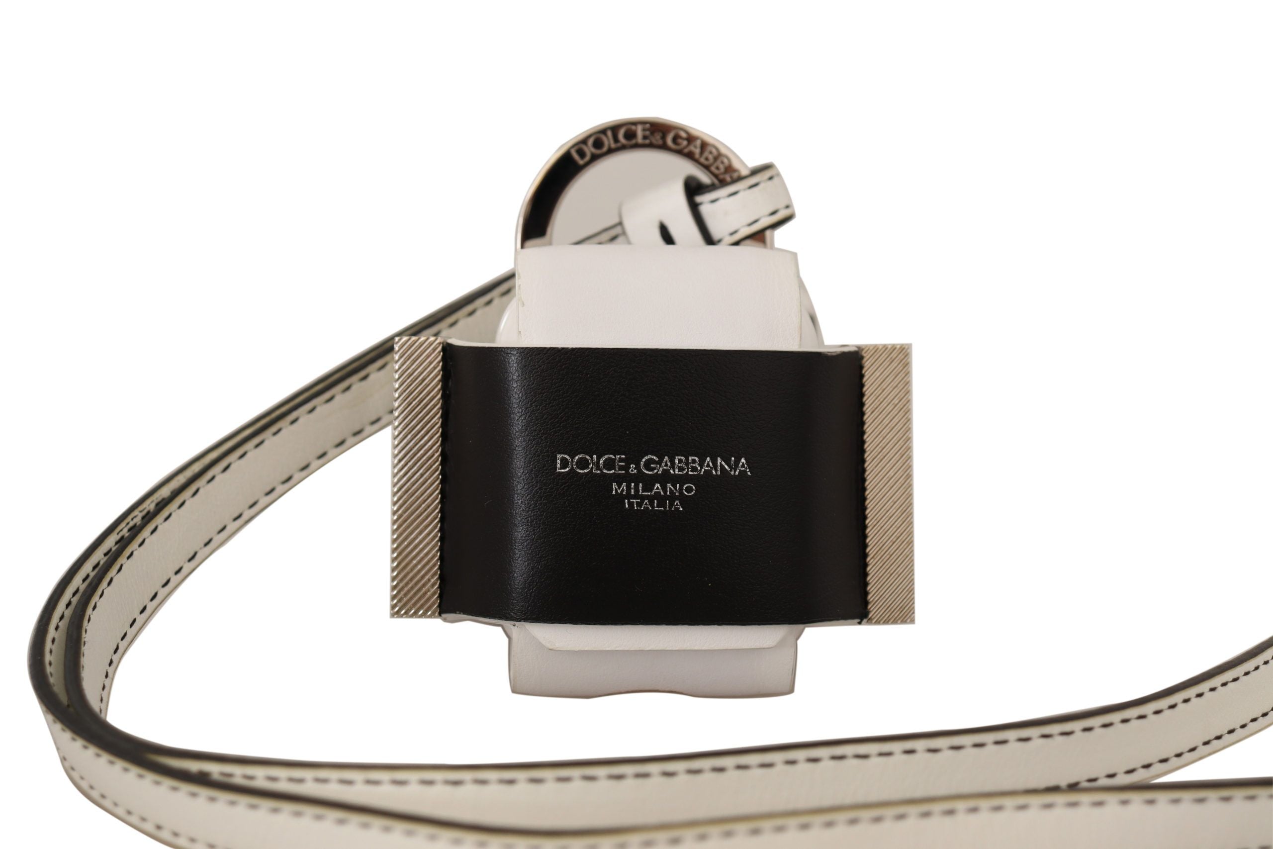 Dolce & Gabbana бяла черна кожена каишка сребристо метално лого Airpods калъф