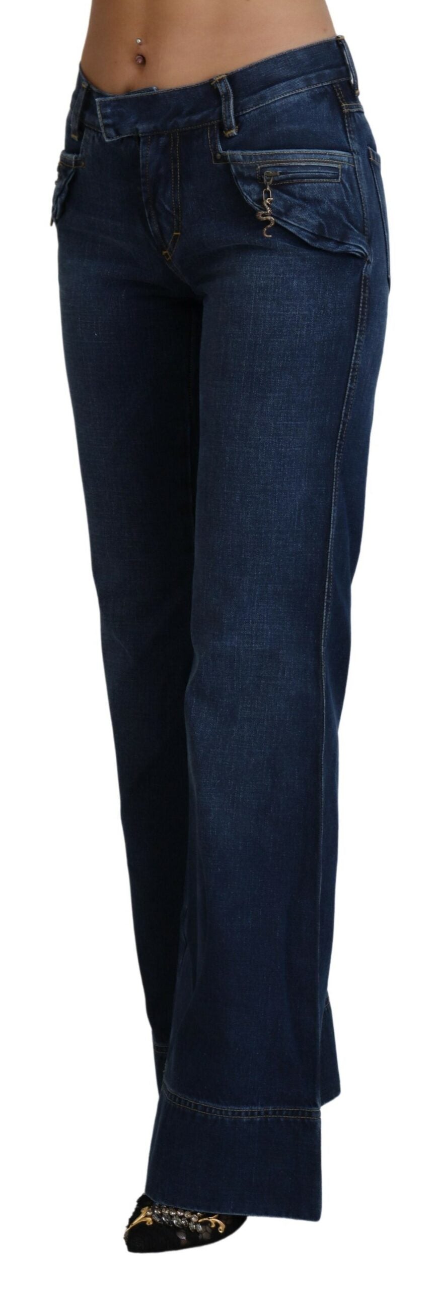 Памучни дънки Just Cavalli Blue с ниска талия и разкроени крачоли