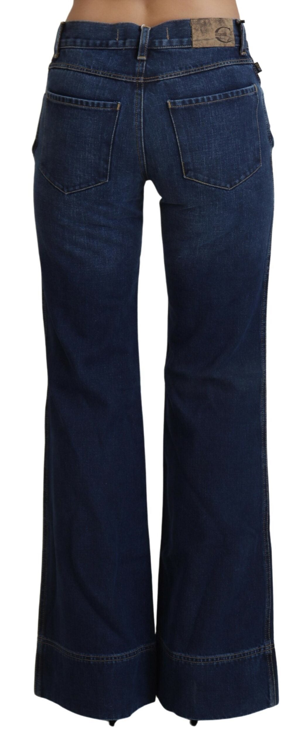 Памучни дънки Just Cavalli Blue с ниска талия и разкроени крачоли