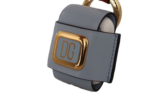 Dolce & Gabbana, светлосиня червена кожена каишка, златист метален калъф за Airpods