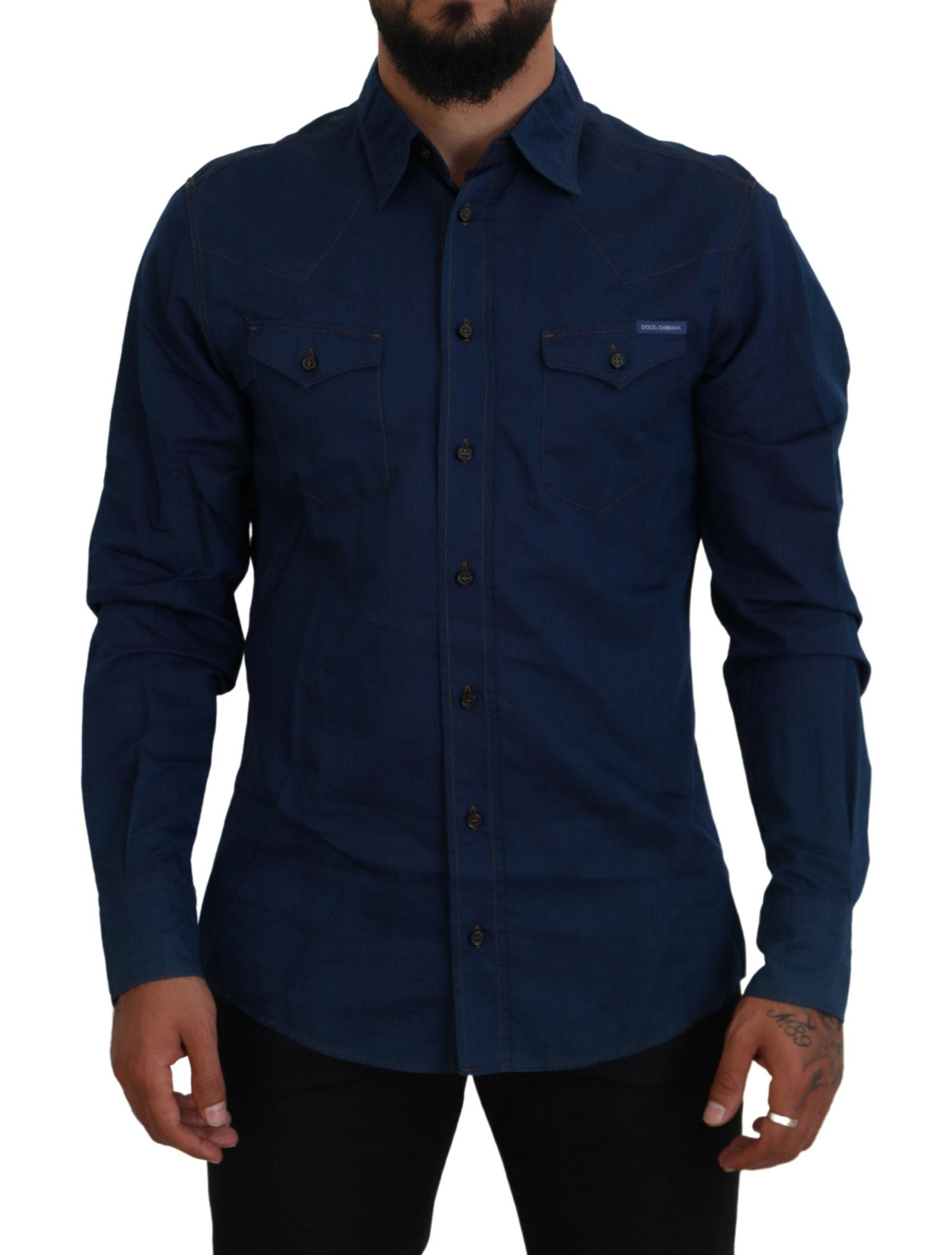 Dolce & Gabbana Blue Denim Cotton Slim Fit GOLD Риза